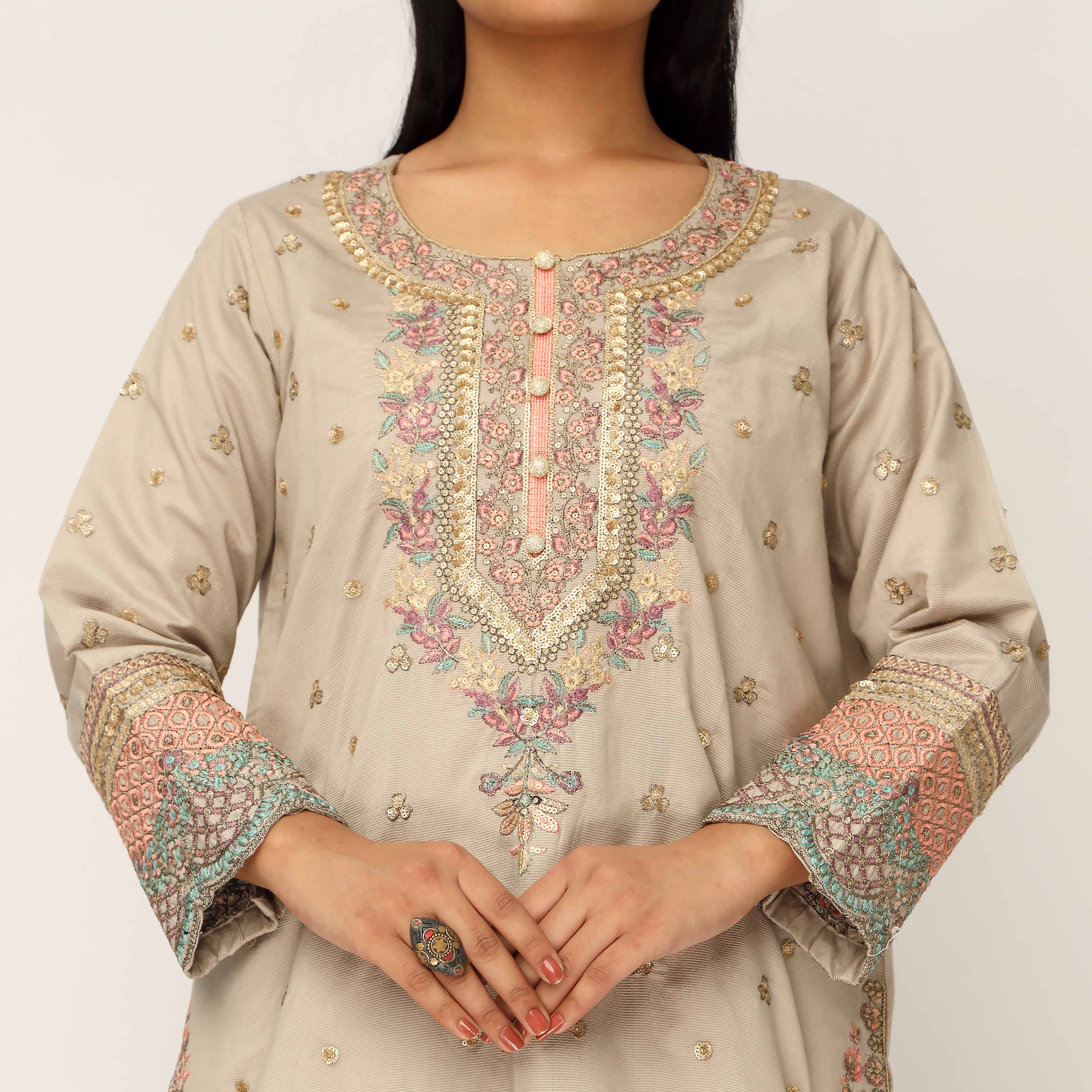 3PC- Khaddi Net Embellished Suit PF5138 - Image 2