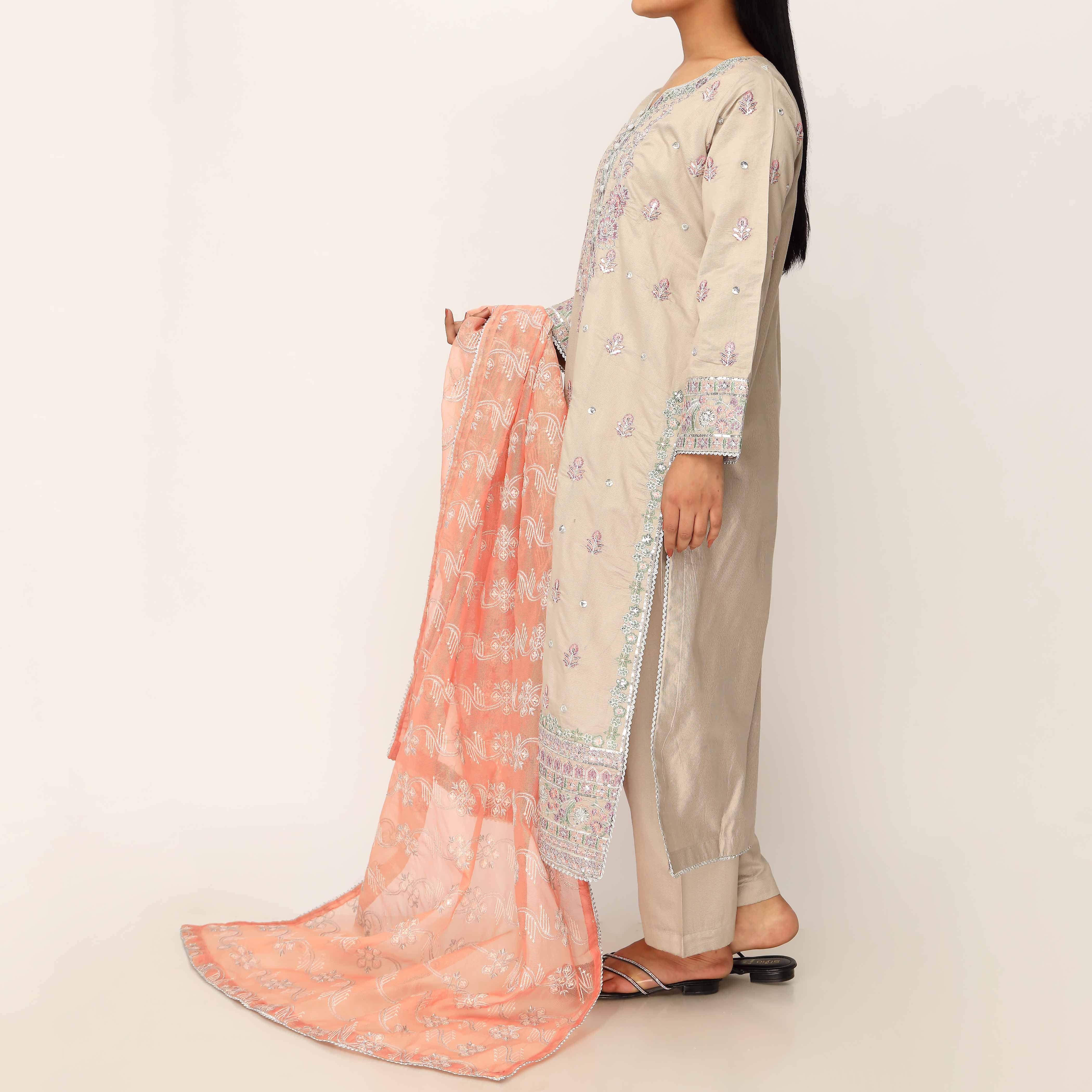 3PC- Khaddi Net Embellished Suit PF5141 - Image 3