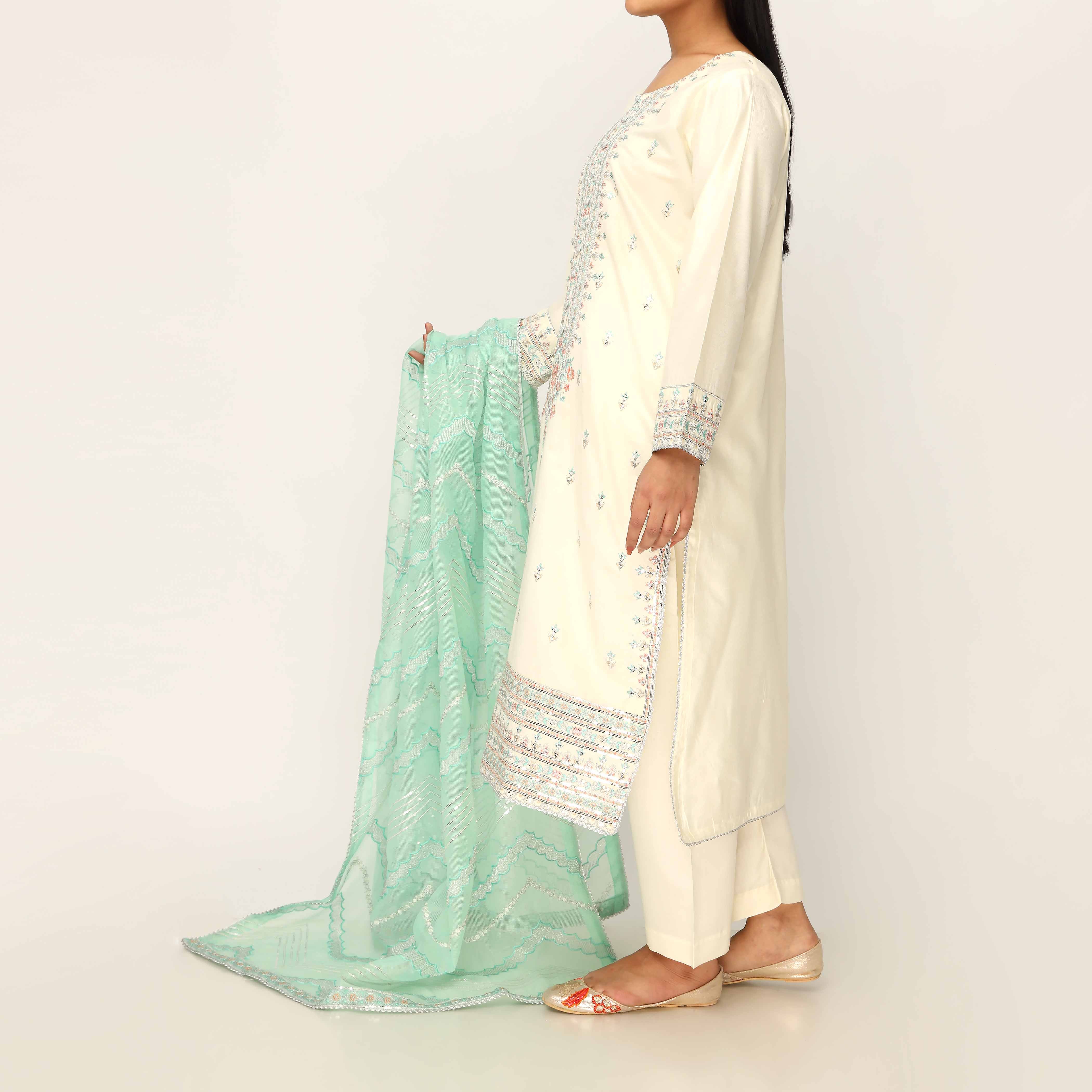3PC- Khaddi Net Embellished Suit PF5147 - Image 3