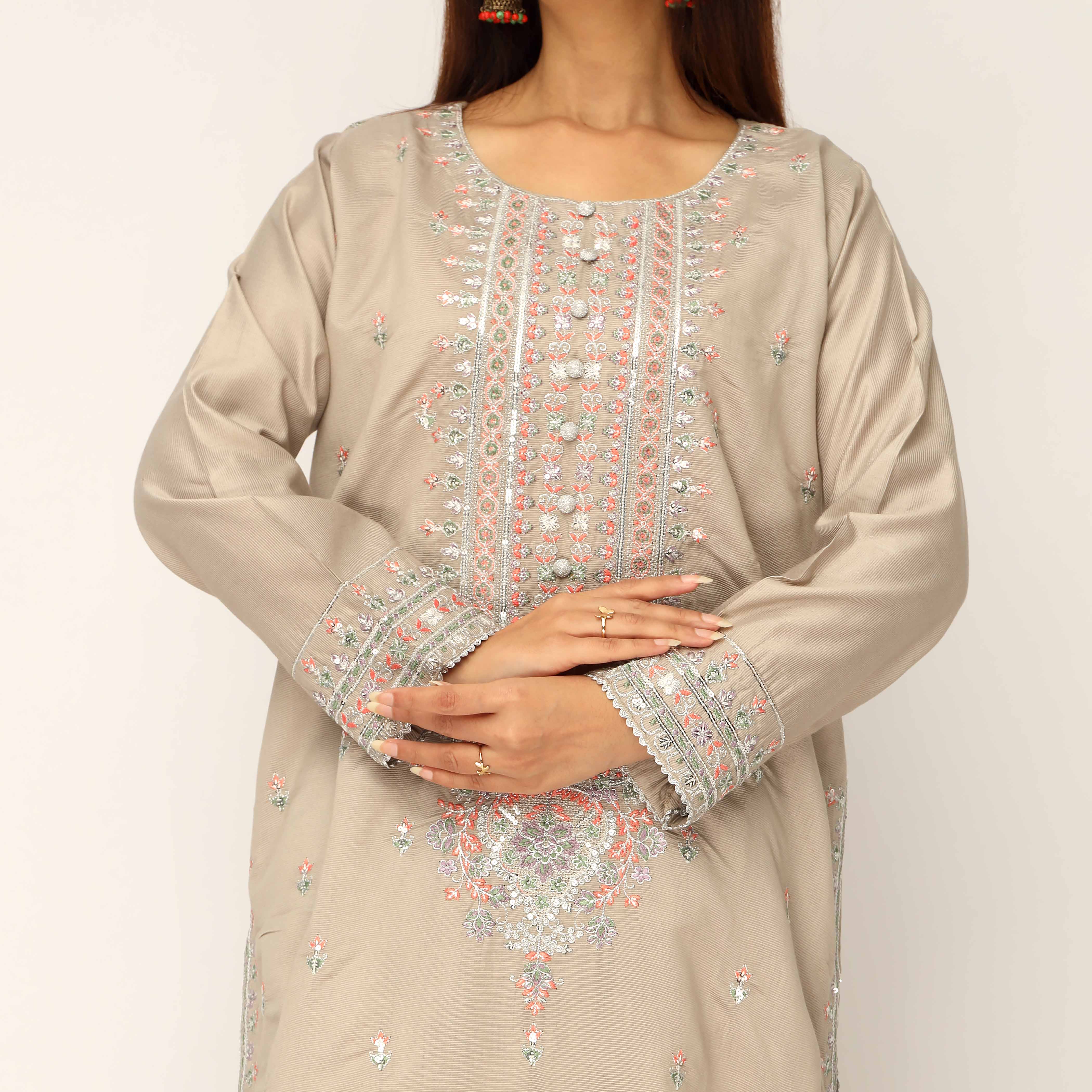 3PC- Khaddi Net Embellished Suit PF5150 - Image 2
