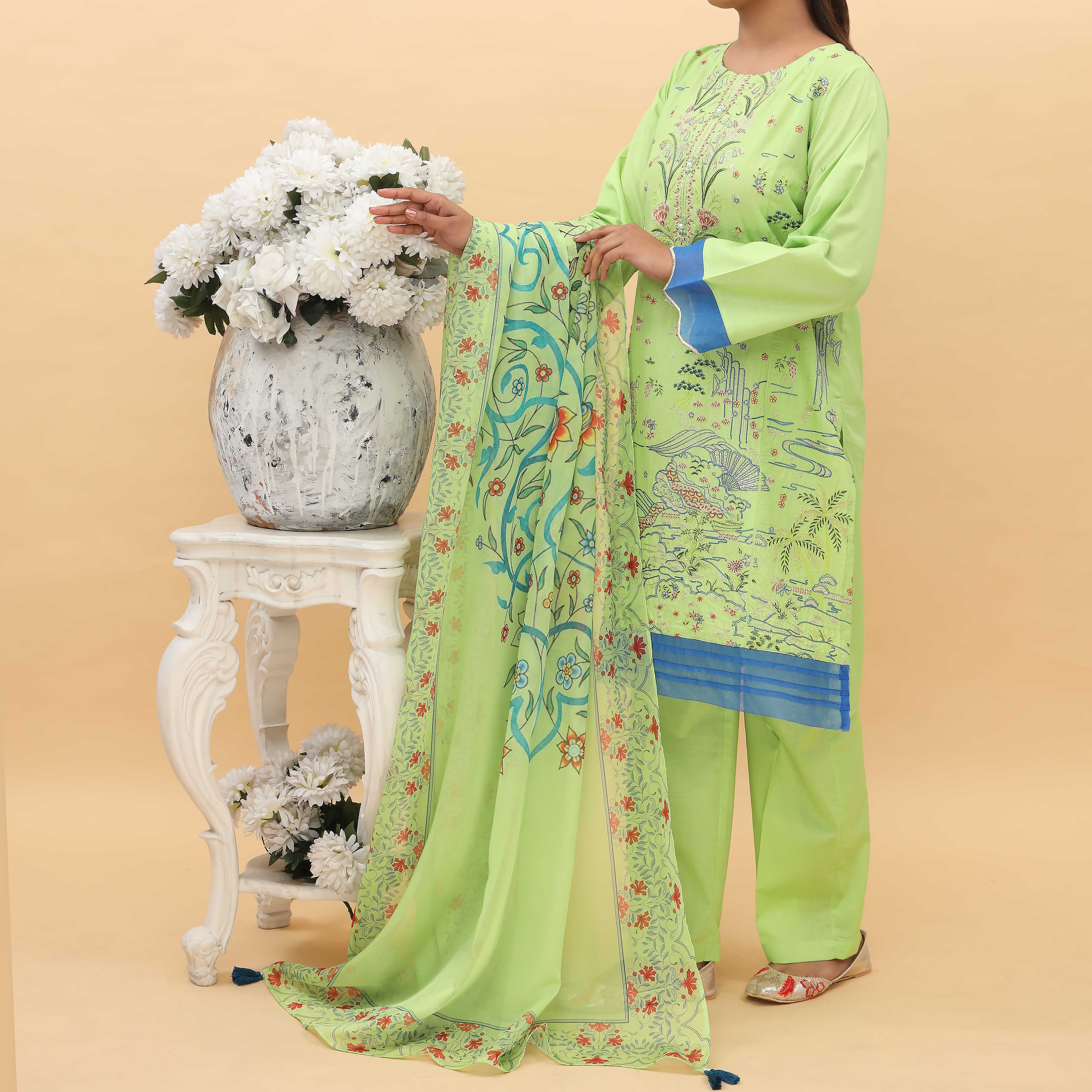 3PC- Printed Cambric Suit PS5004 - Image 2