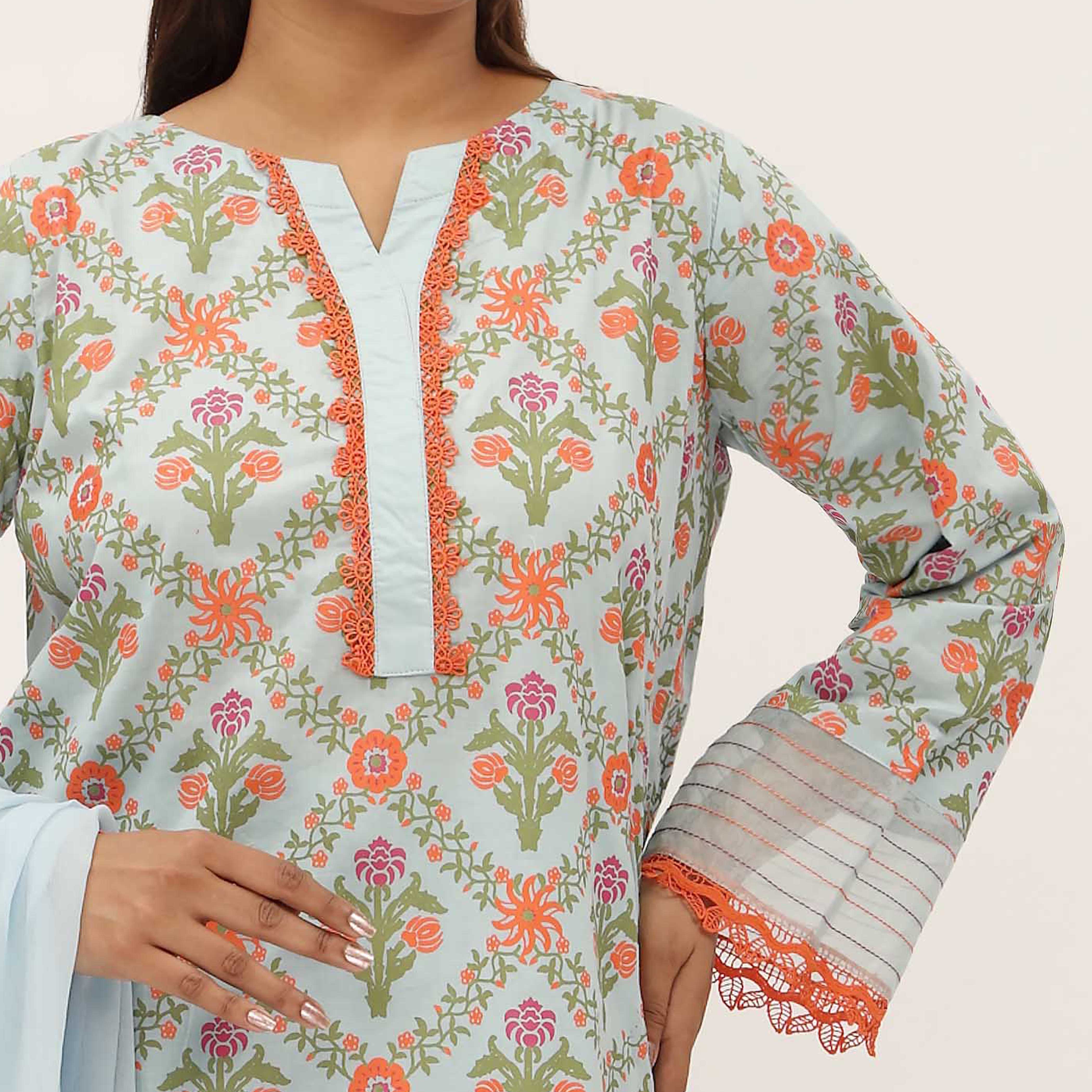 3PC- Screen Printed Cambric Suit PS5090 - Image 2