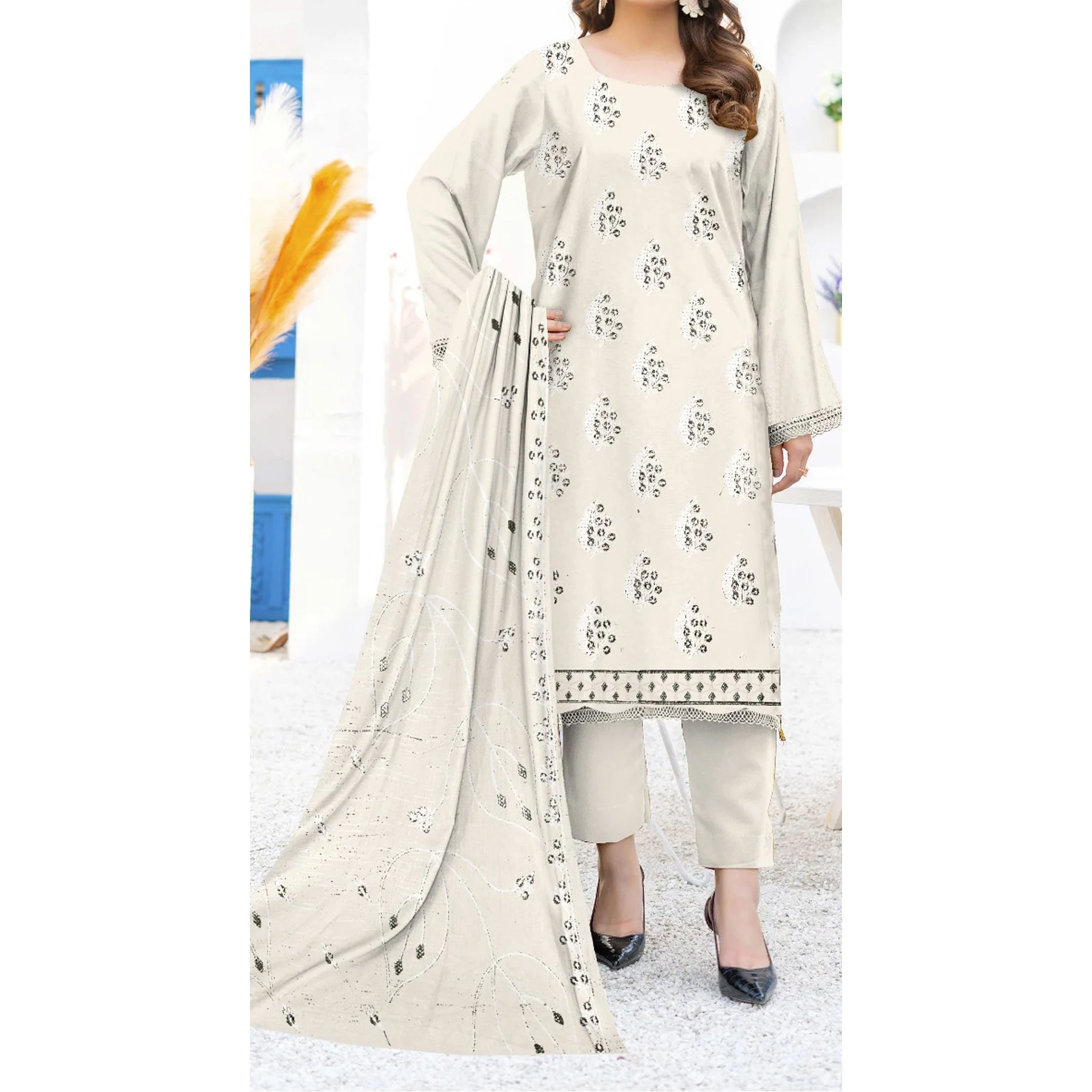 3PC- Unstitched Embroidered Lawn Suit US5228