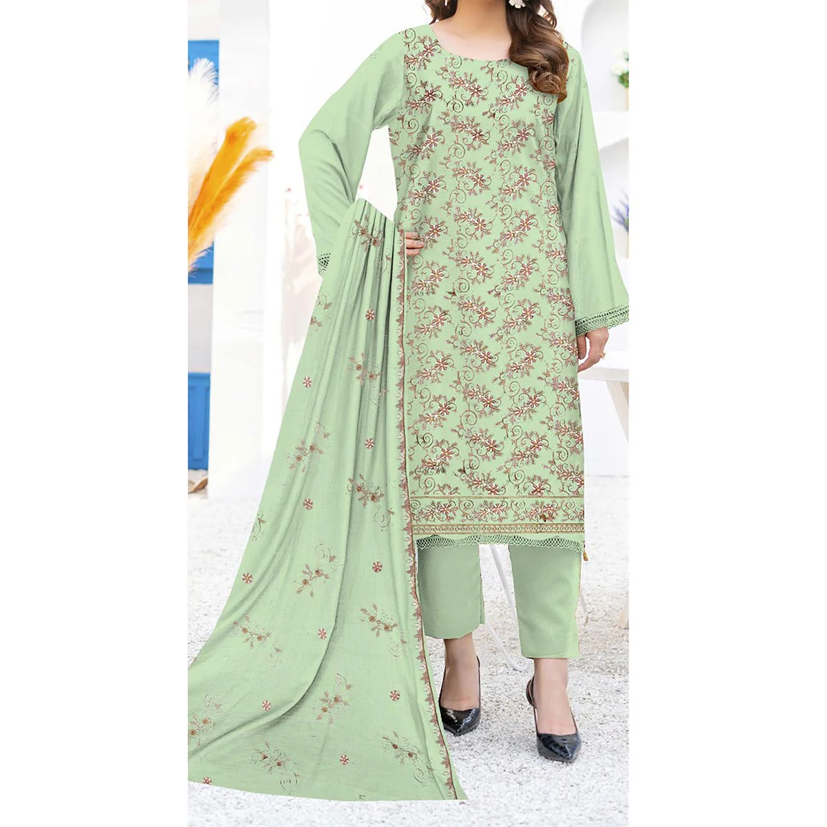 3PC- Unstitched Embroidered Lawn Suit US5438