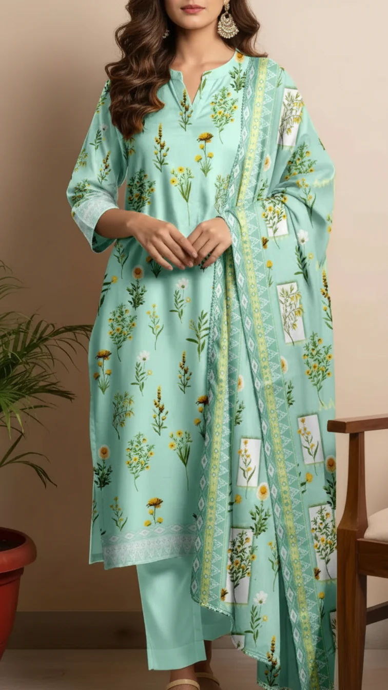 3PC- Unstitched Printed Cotton Cambric suit US5487