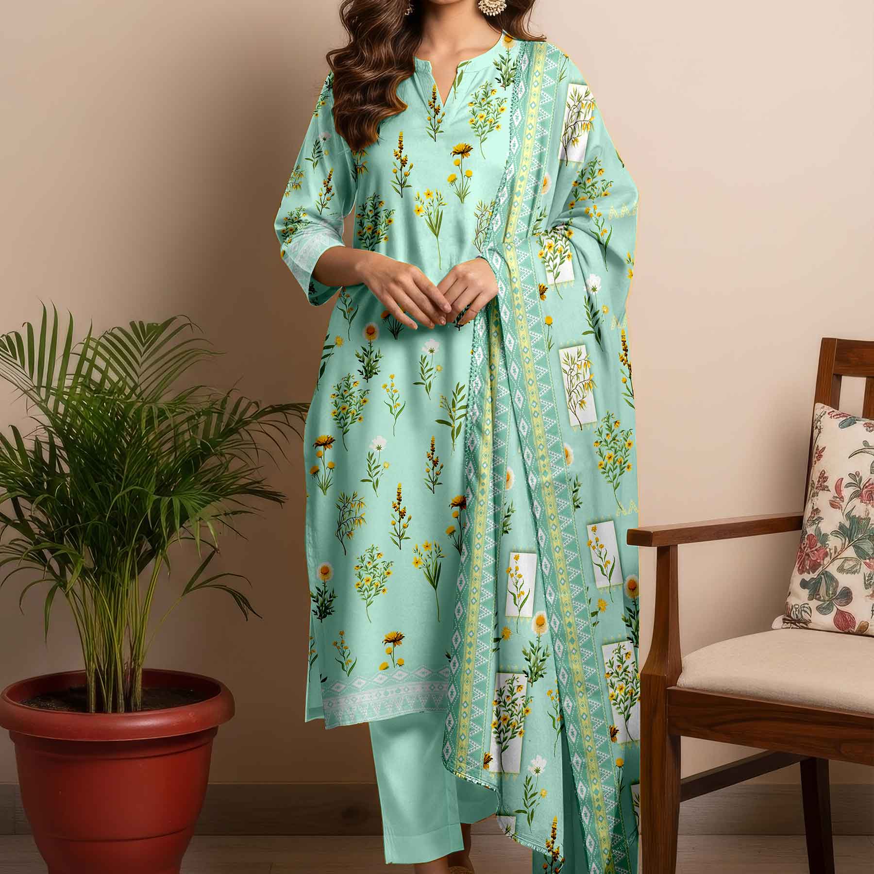 3PC- Unstitched Printed Cotton Cambric suit US5487 - Image 2