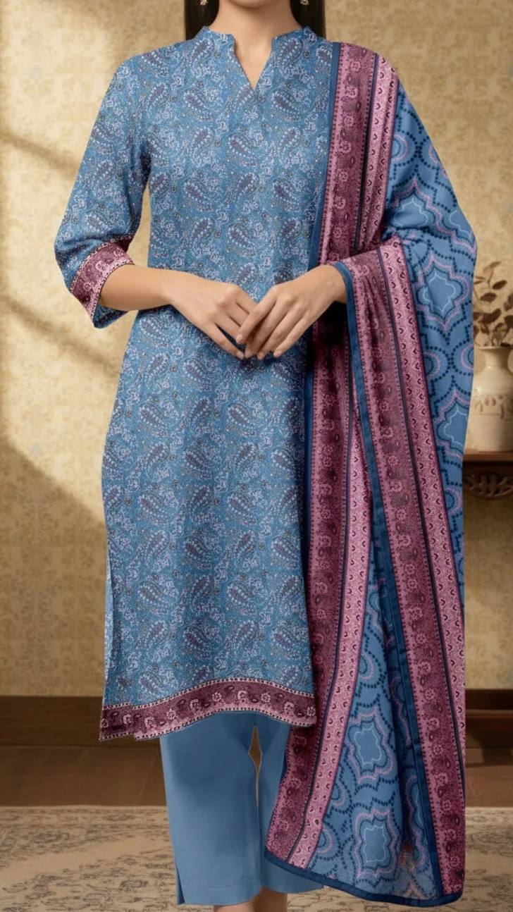 3PC- Unstitched Printed Cotton Cambric suit US5490