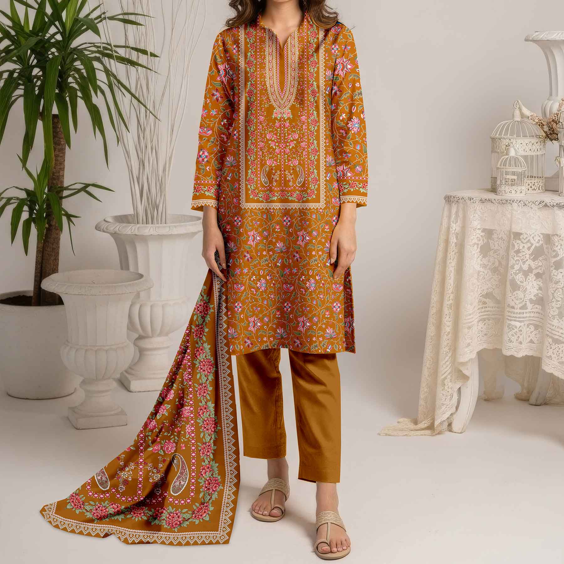 3PC- Unstitched Printed Cotton Cambric Suit UW5064