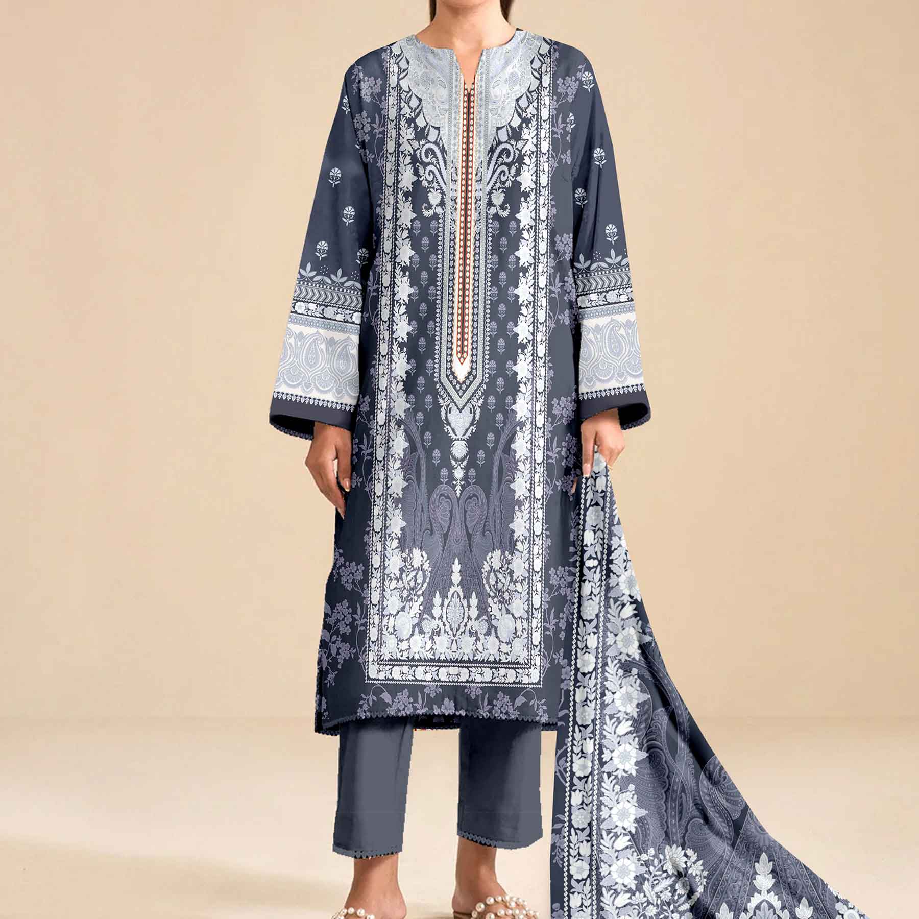 3PC Unstitched Printed Suit UW5097 - Image 2