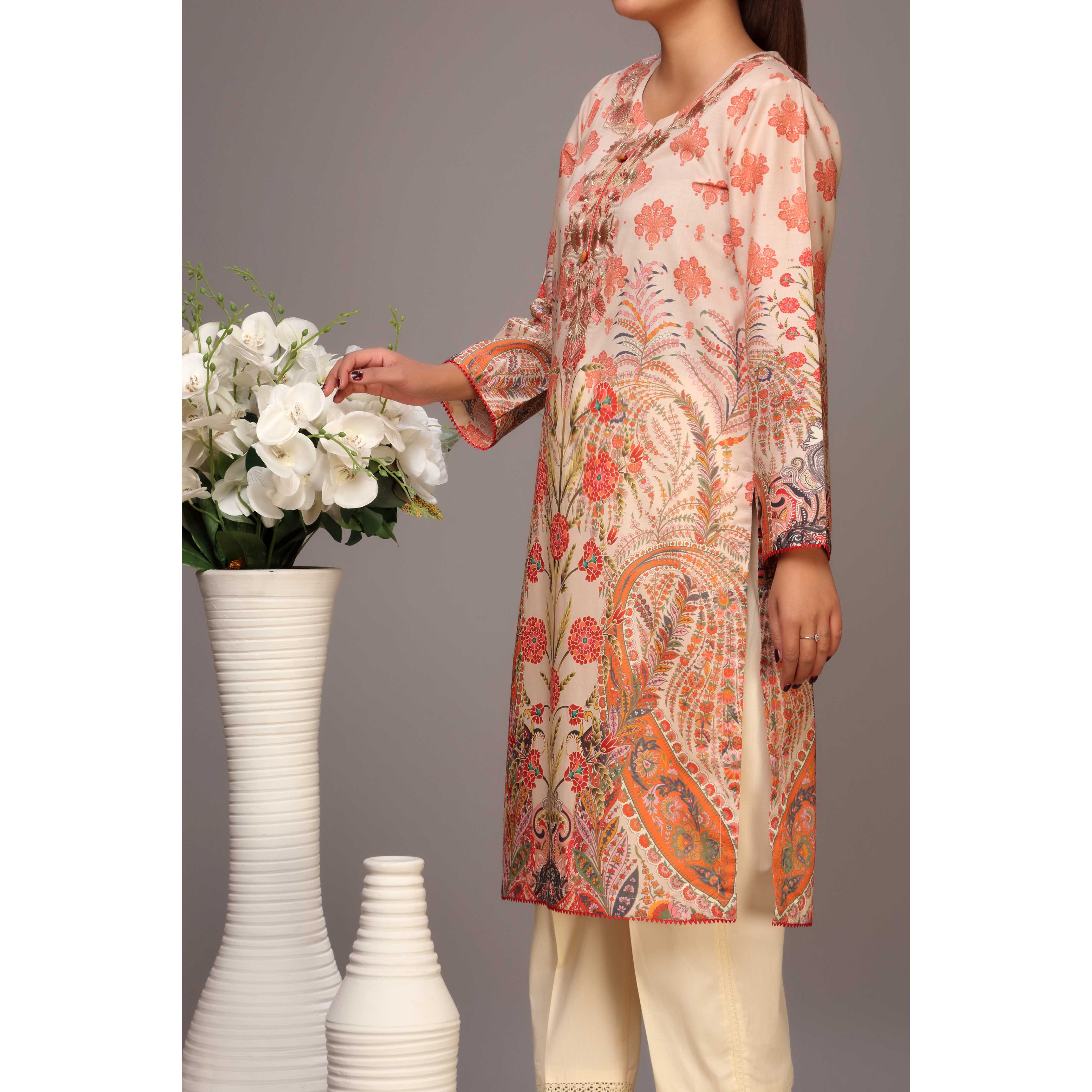 Beige Color Digital Printed Lawn Embroidered Shirt PS2234 - Image 2