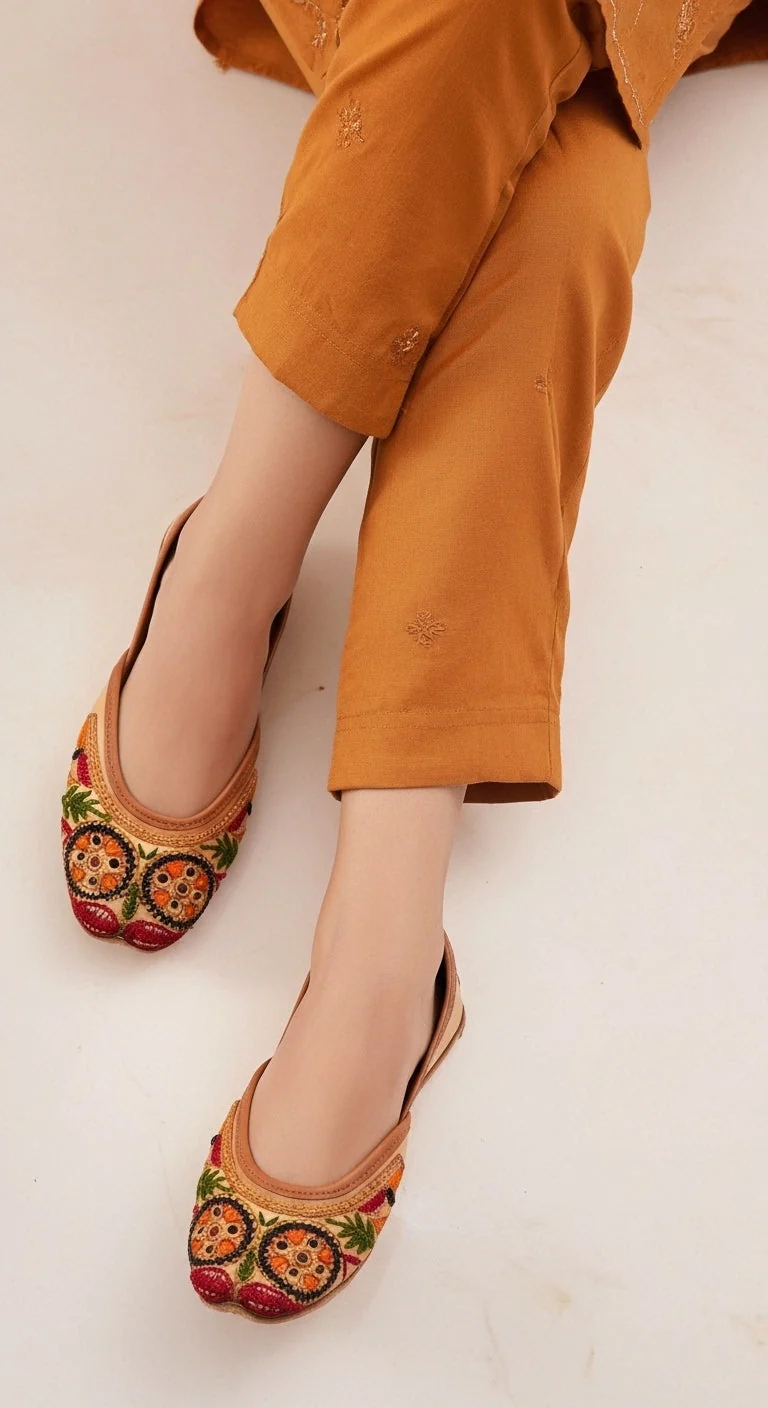 Beige Leather Khussa For Women EC8696