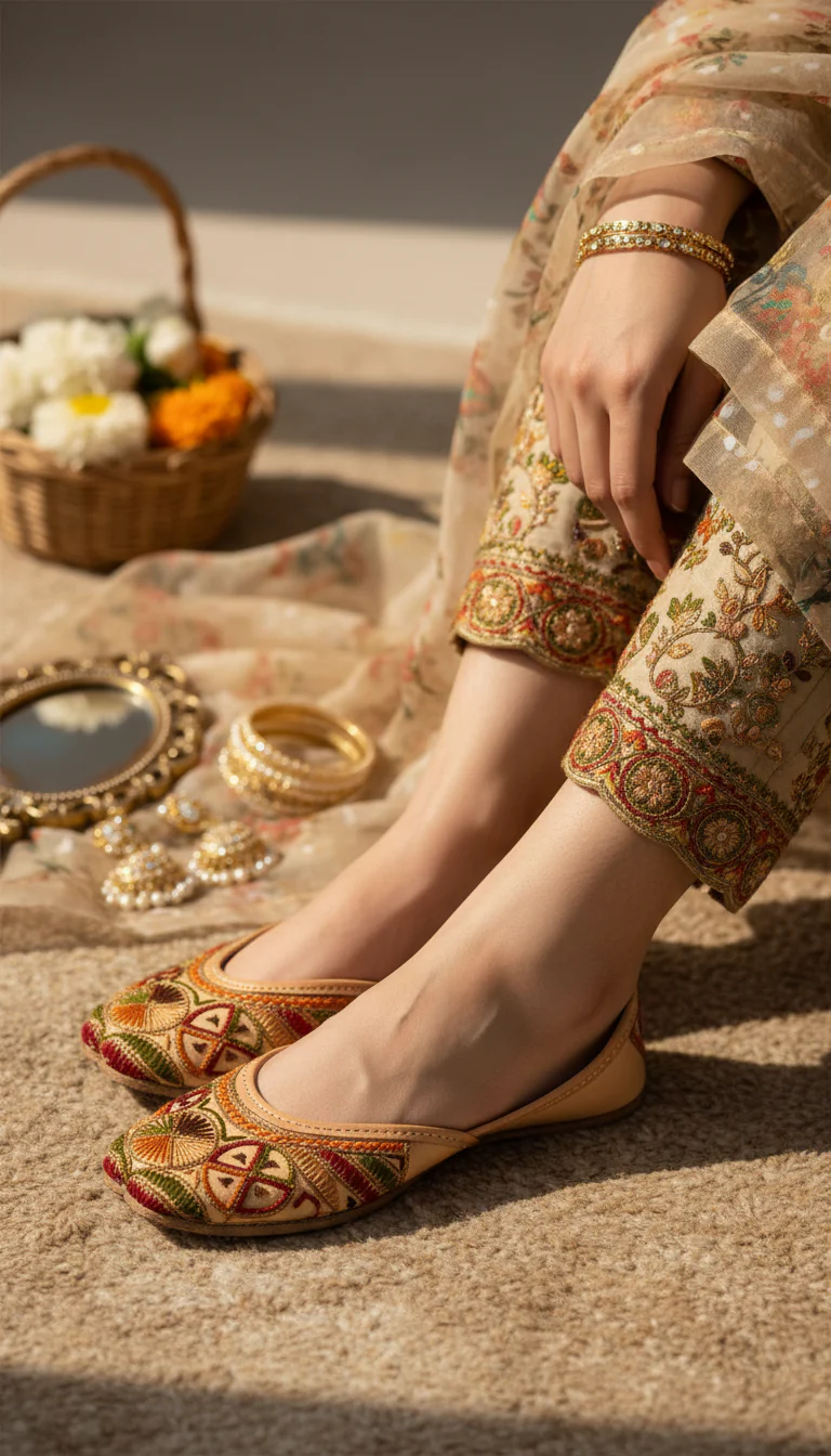 Beige Leather Khussa For Women EC8706