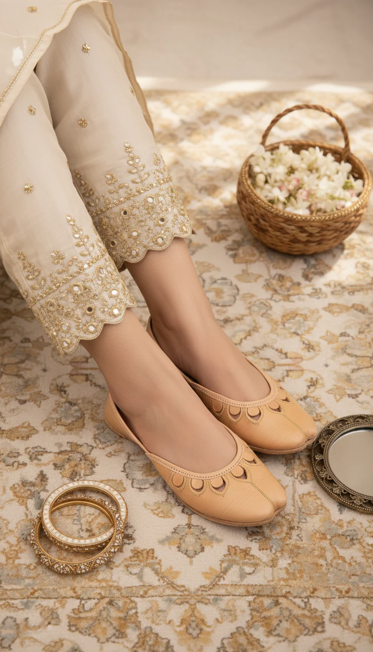 Beige Leather Khussa For Women EC8711