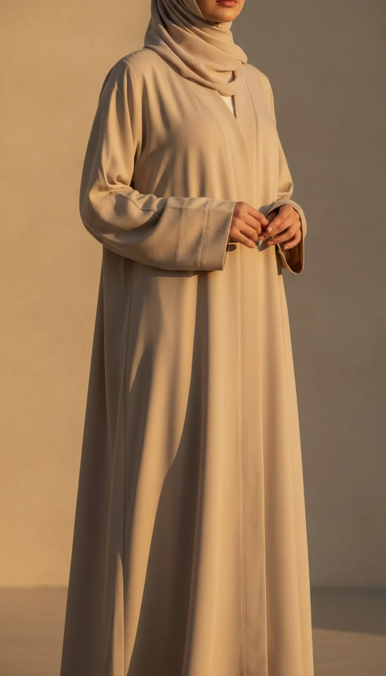 Beige Solid Dyed Blended Fabric Abaya PW5275 - Image 2