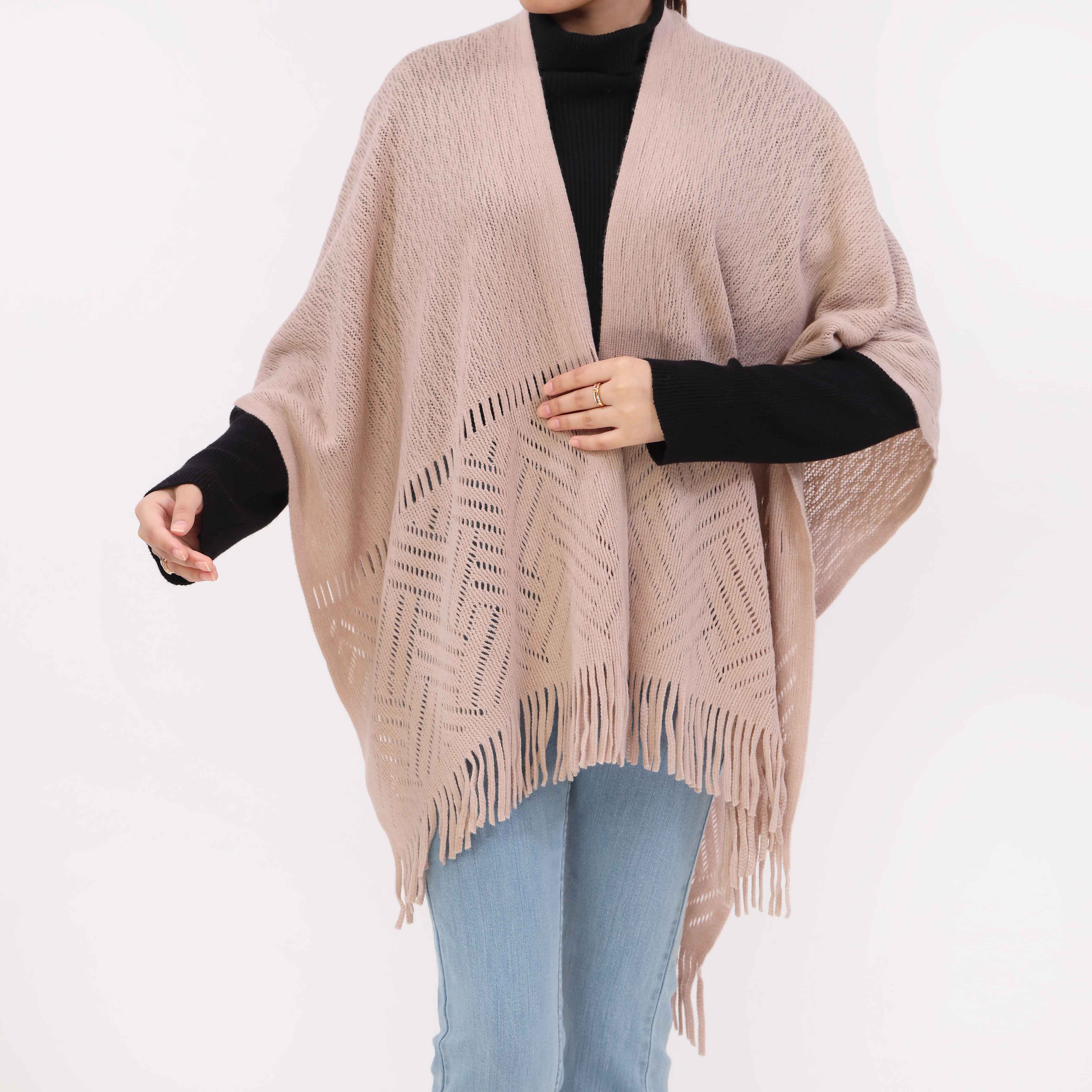 Beige Sweater Knit Cape Shawl PW5623 - Image 2