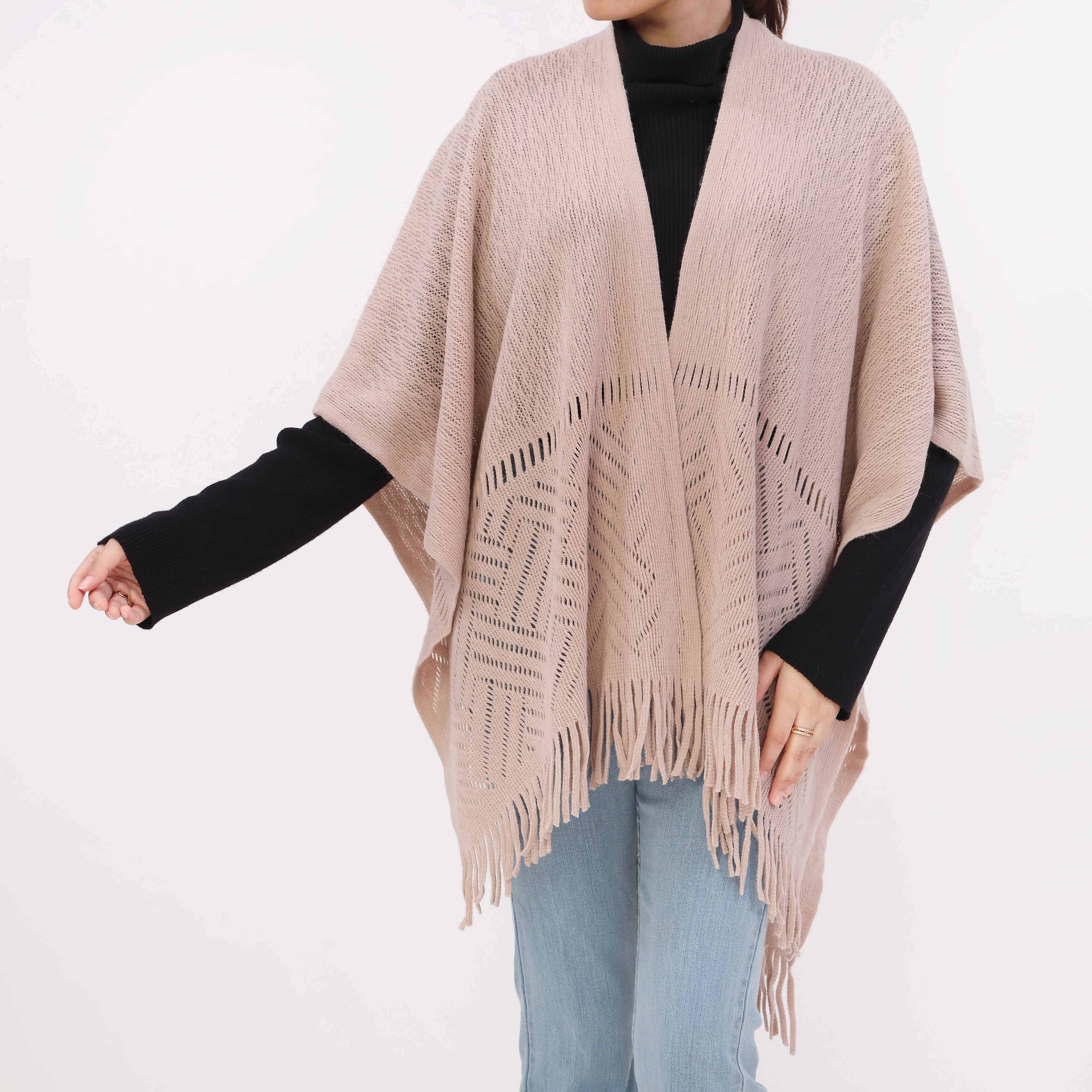 Beige Sweater Knit Cape Shawl PW5623 - Image 3