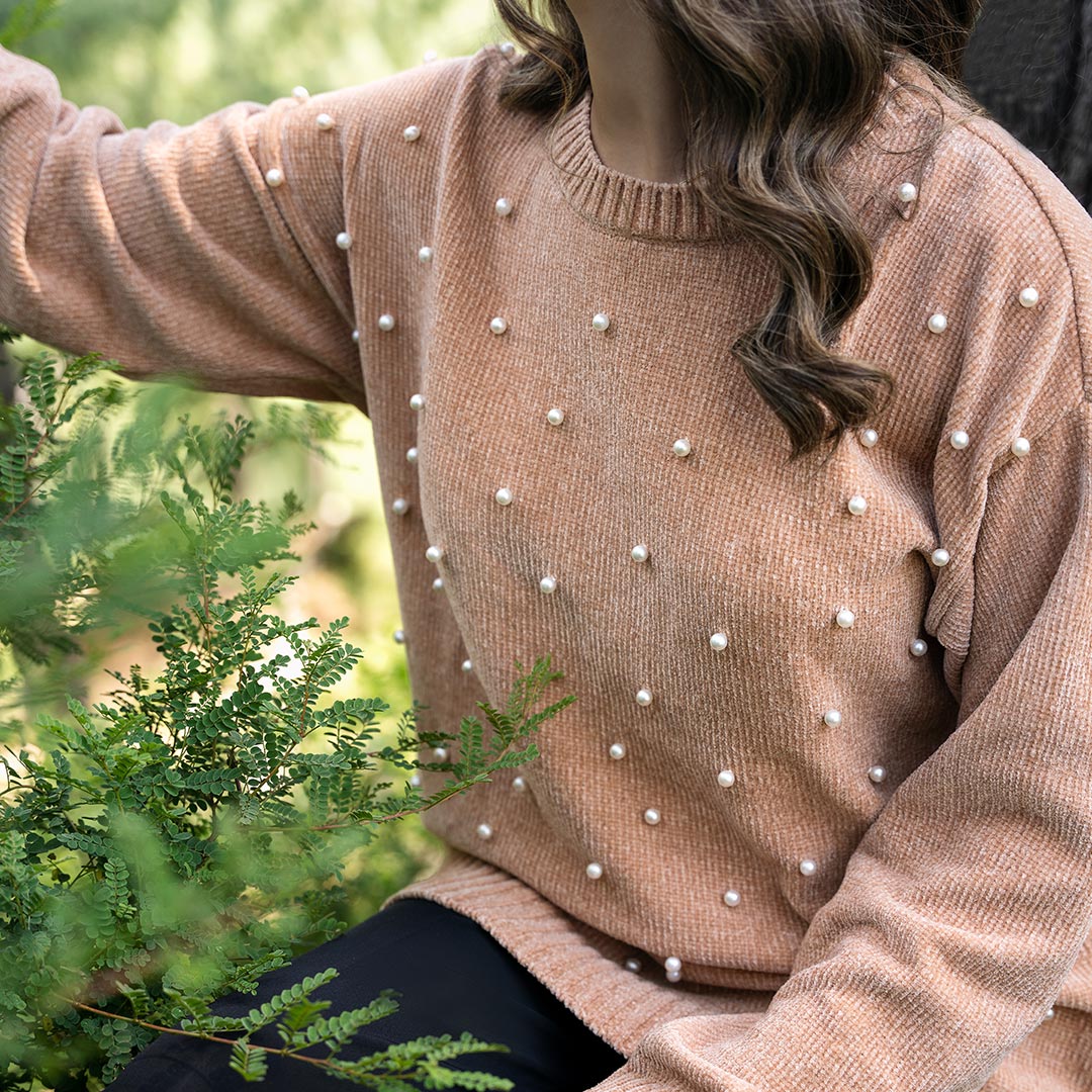 Beige Velvet Sweater with Beads on Front PW4829 - Image 2
