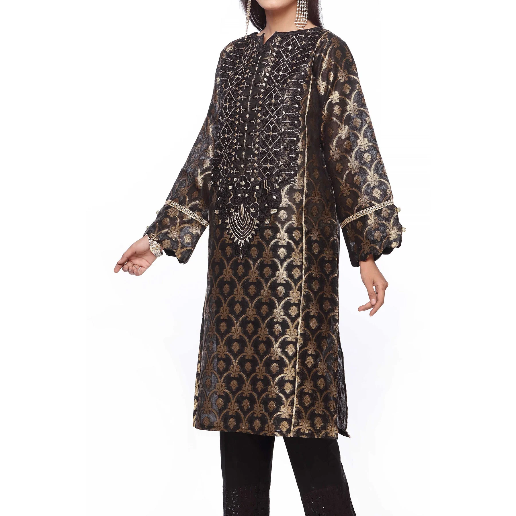 Black Color Embellished Net Zari Shirt PS2248 - Image 2