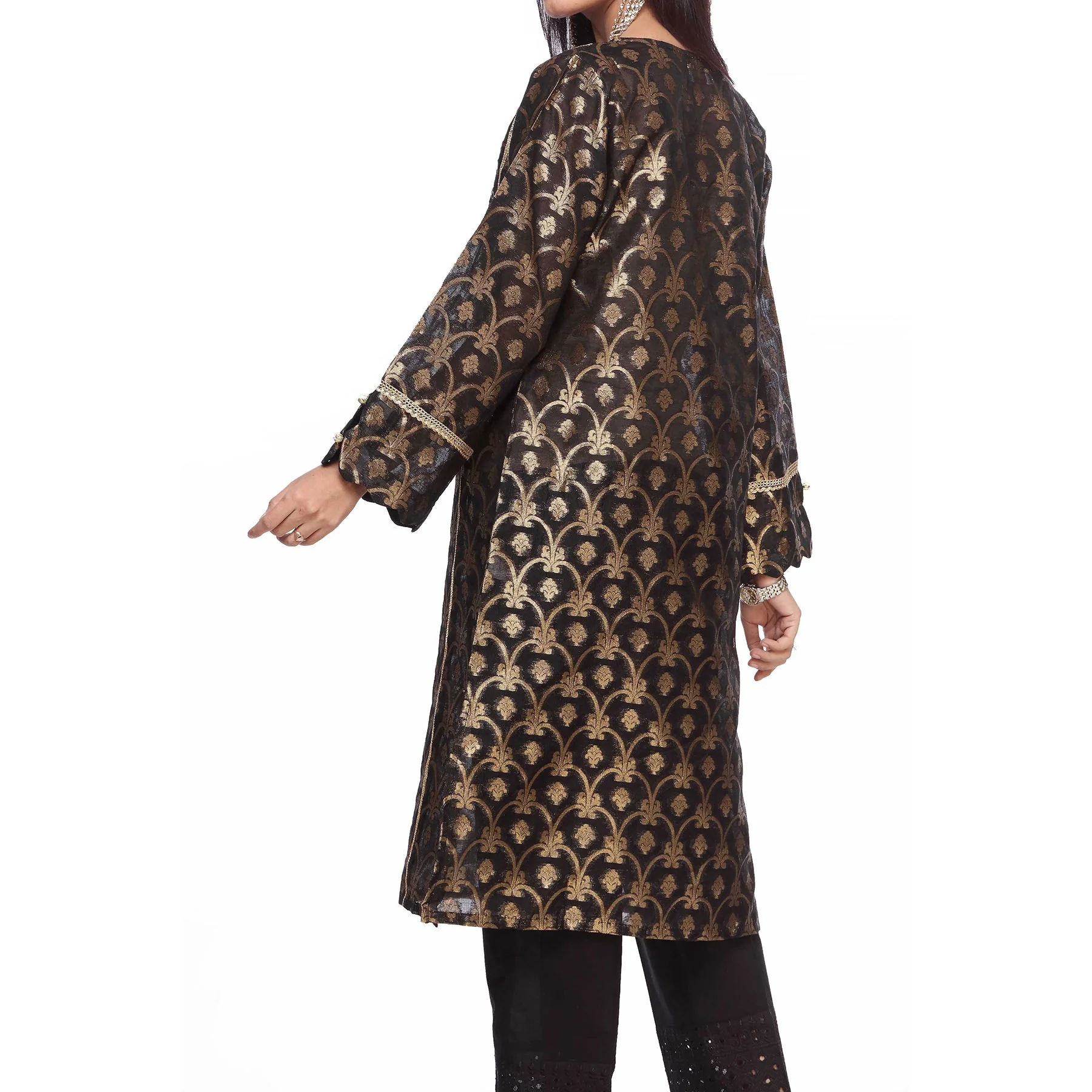 Black Color Embellished Net Zari Shirt PS2248 - Image 3
