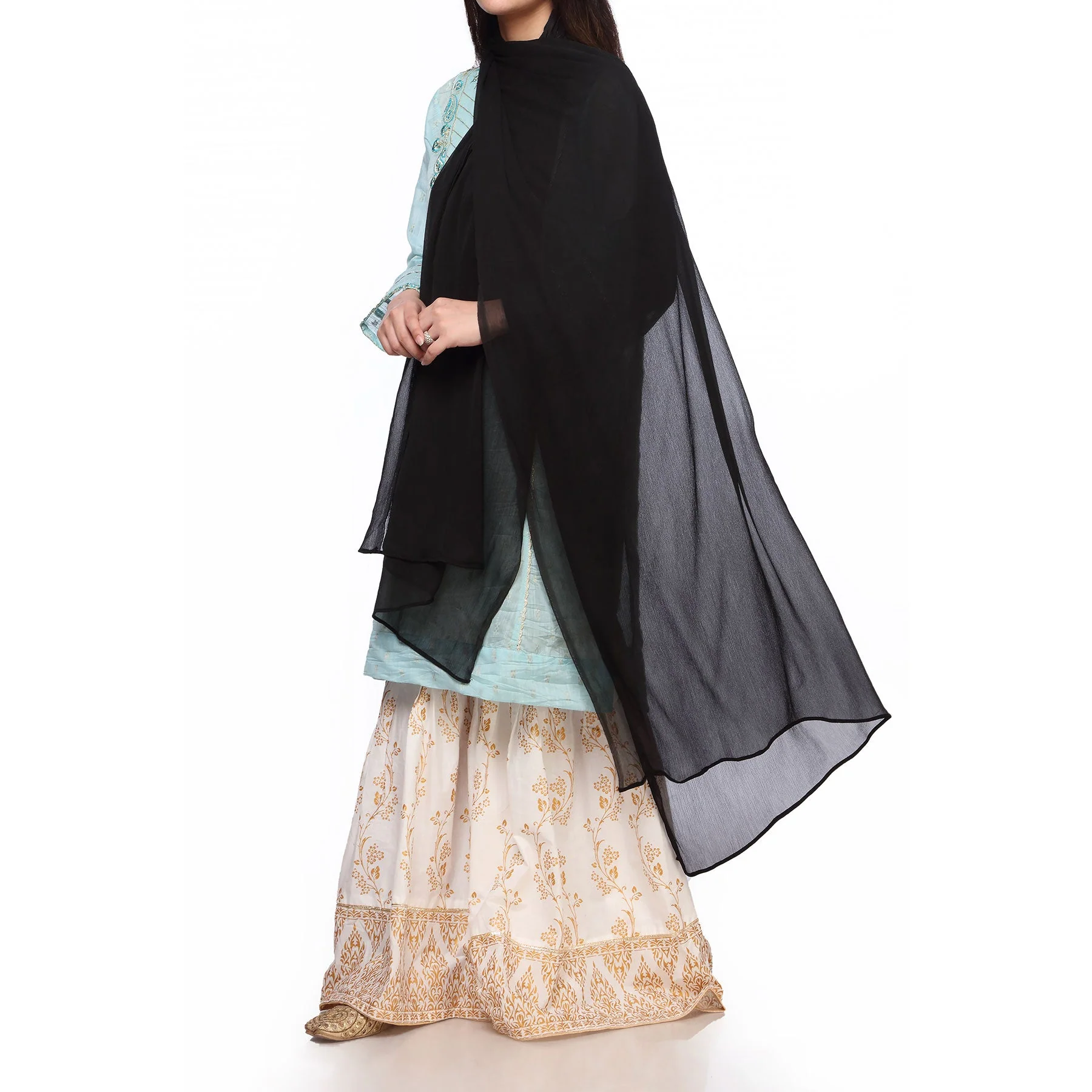 Black Plain Dyed Chiffon Dupatta PS2702 - Image 2
