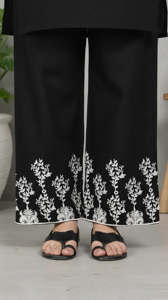 Black Cotton Cambric Embroiderd Trouser PL5066