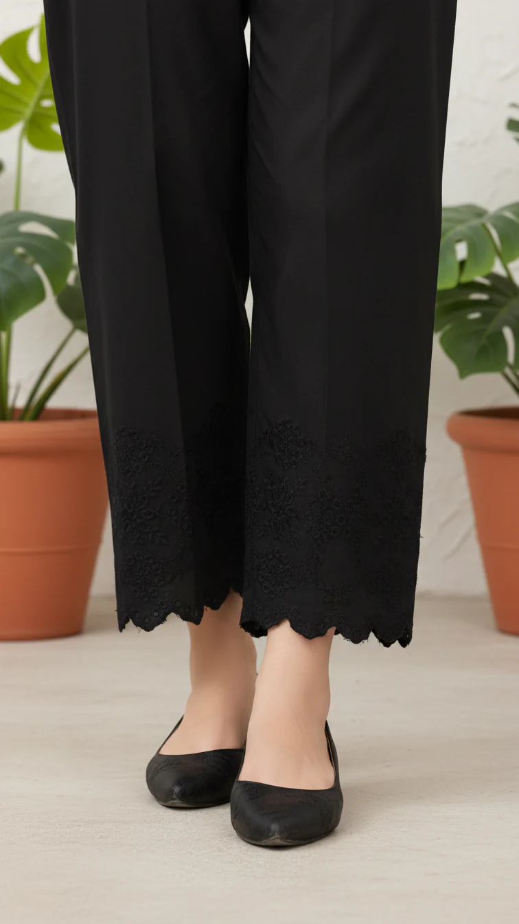 Black Cotton Cambric Embroidered Trouser
