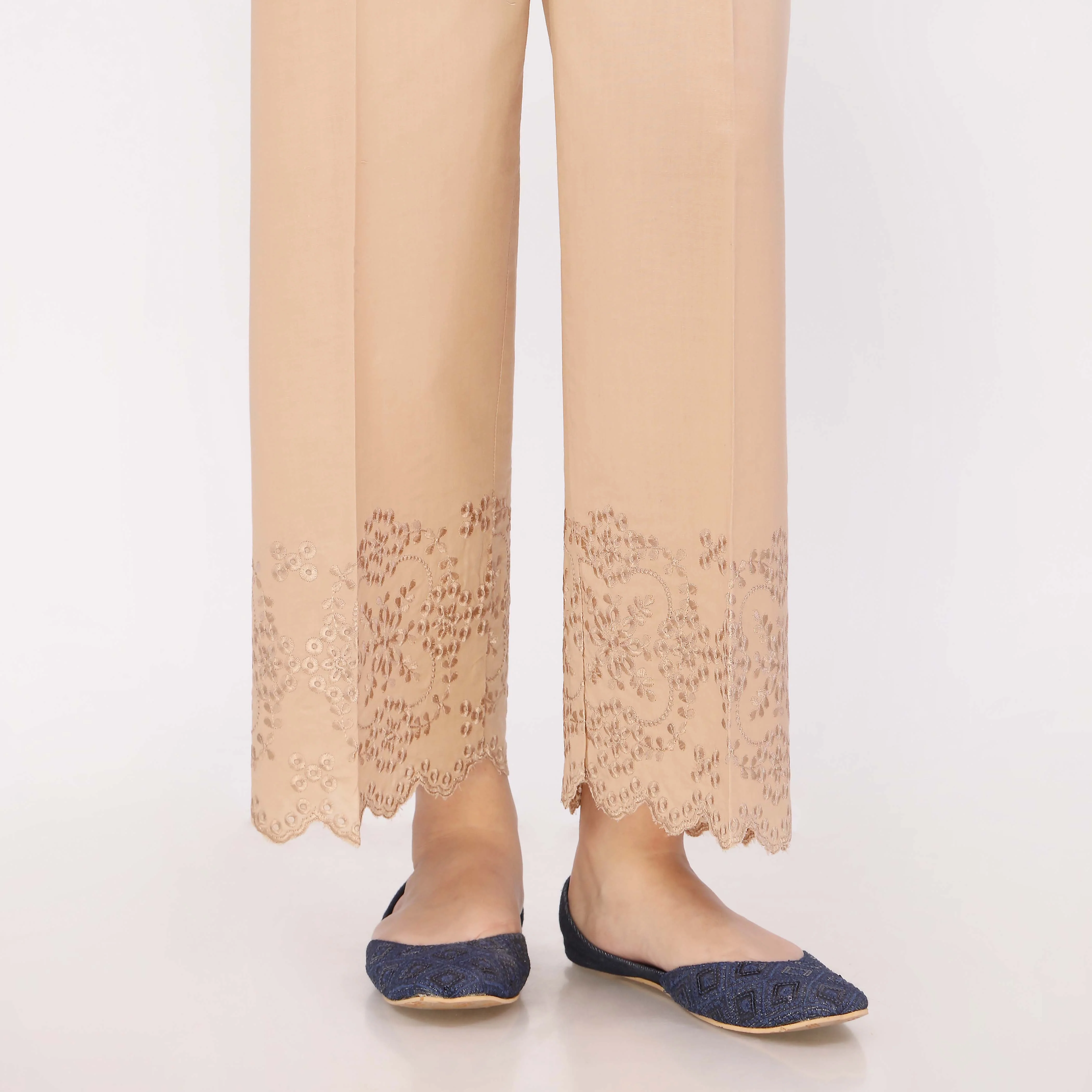 Beige Cotton Cambric Embroidered Trouser - Image 2