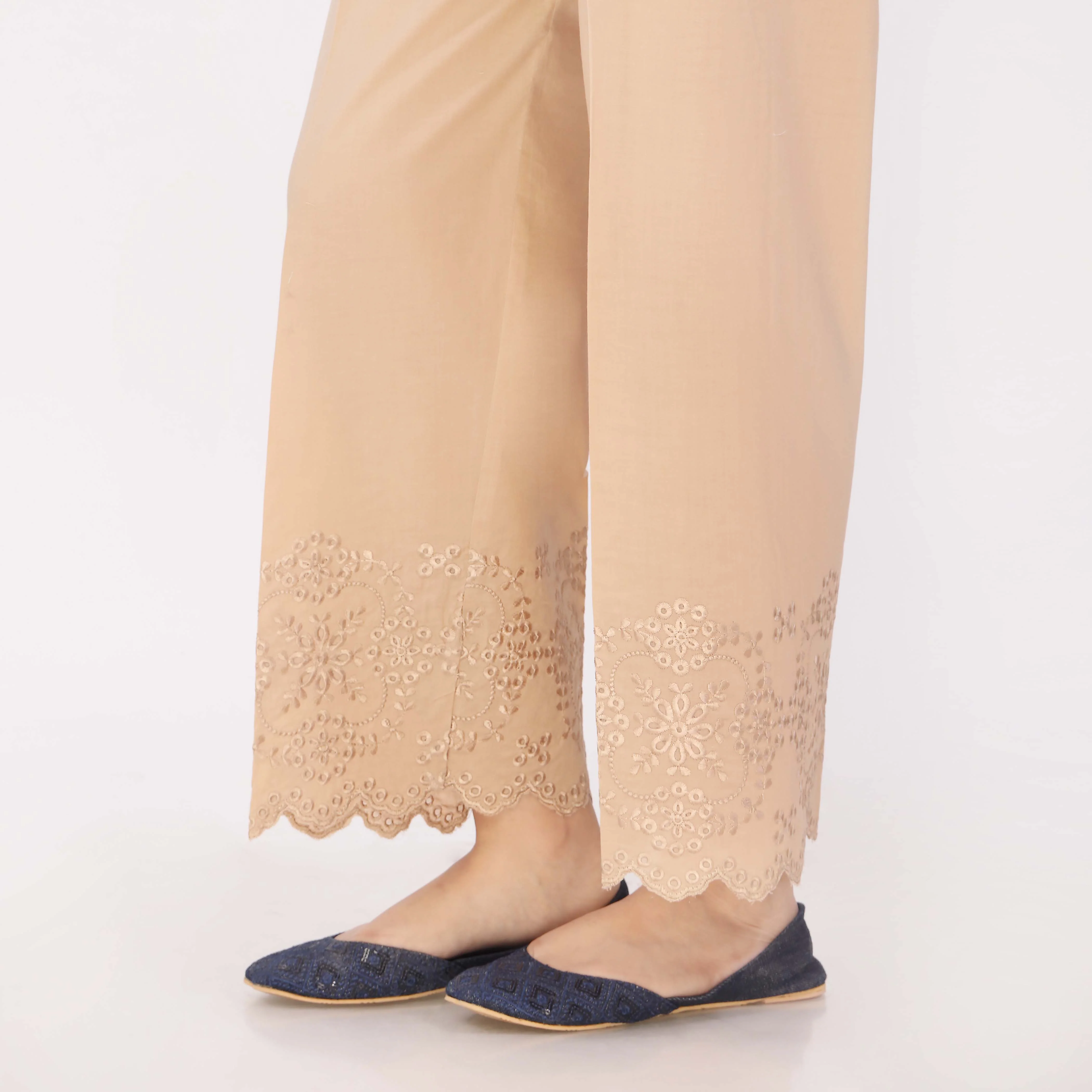 Beige Cotton Cambric Embroidered Trouser - Image 3