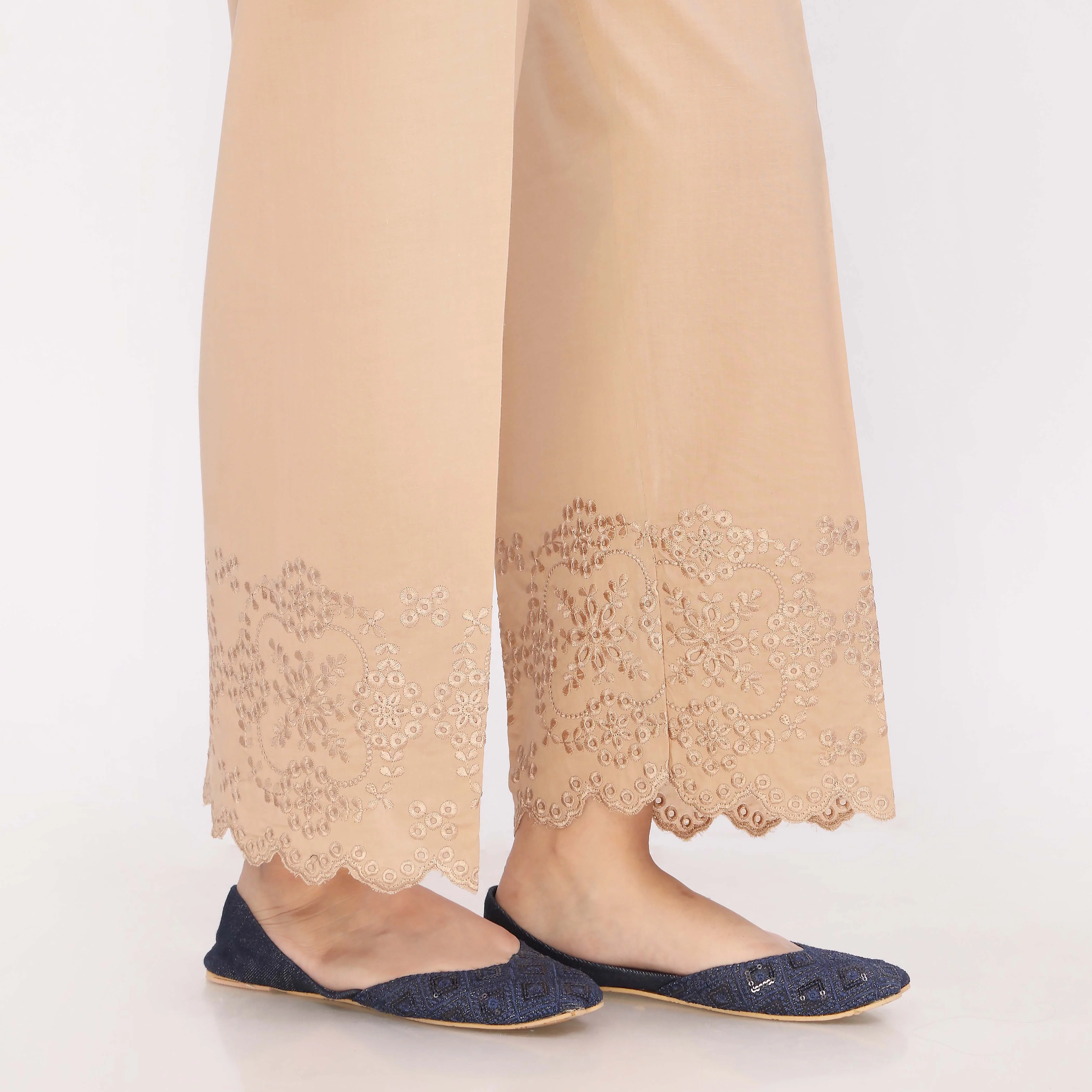 Beige Cotton Cambric Embroidered Trouser - Image 4