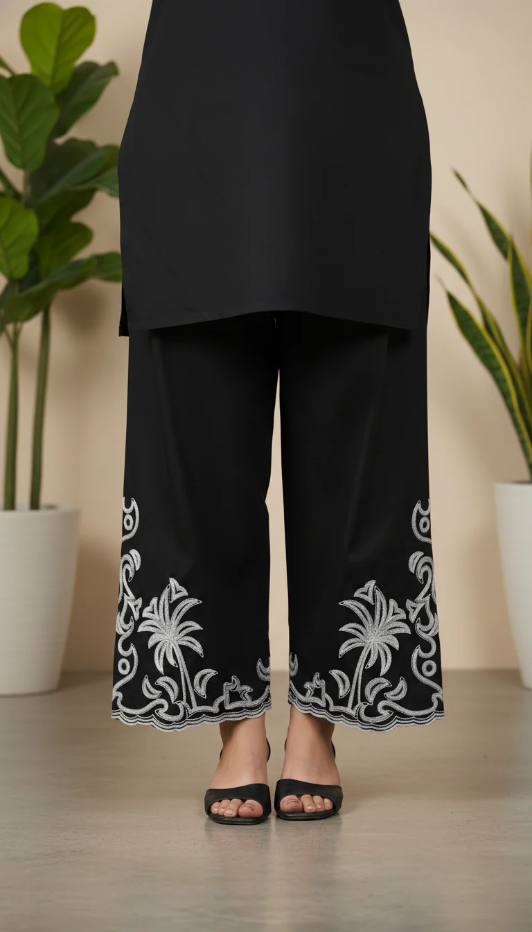 Black Cotton Cambric Embroidered Trouser PL5153