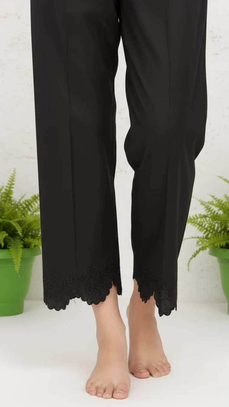 Black Cotton Cambric Embroidered Trouser