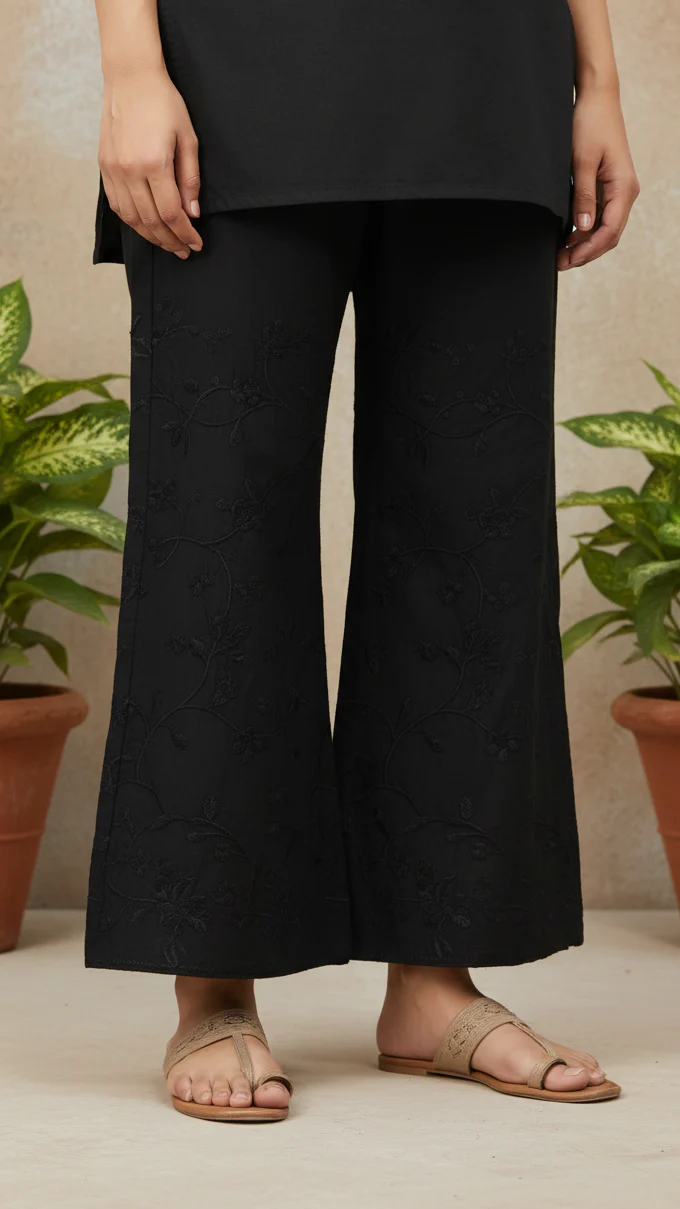 Black Cotton Cambric Trouser with Embroidery PL5092