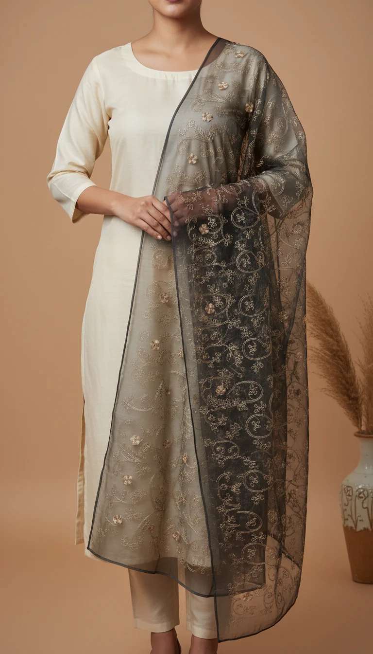 Black Embellished Net Dupatta PD6080 - Image 2