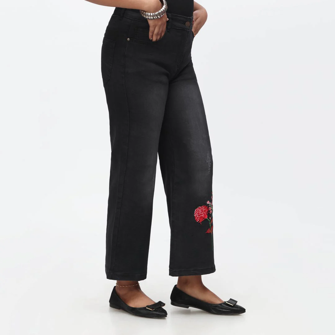 Black Embroidered Flapper Denim Pant PS4527 - Image 4
