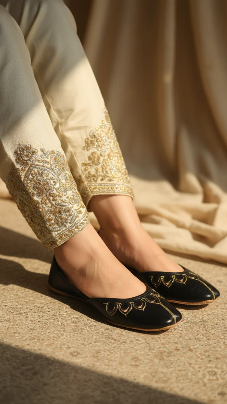 Black Leather Khussa For Women EC8678