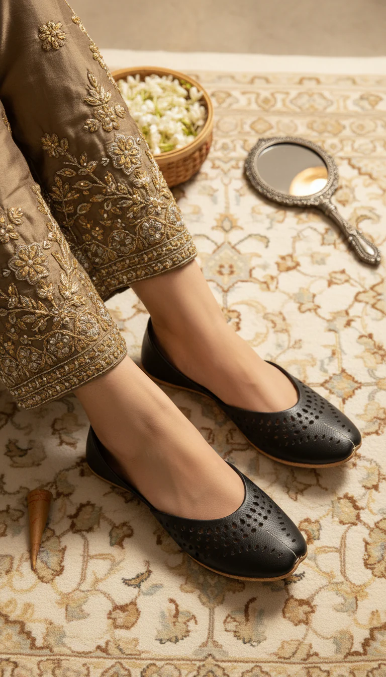 Black Leather Khussa For Women EC8694