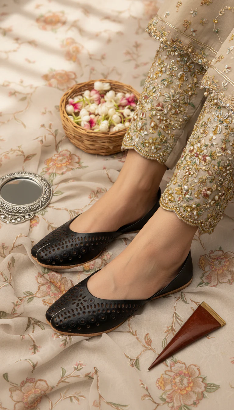 Black Leather Khussa For Women EC8713