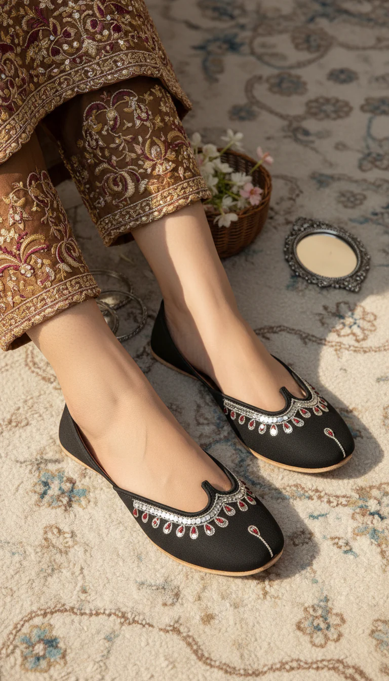 Black Leather Khussa For Women EC8759