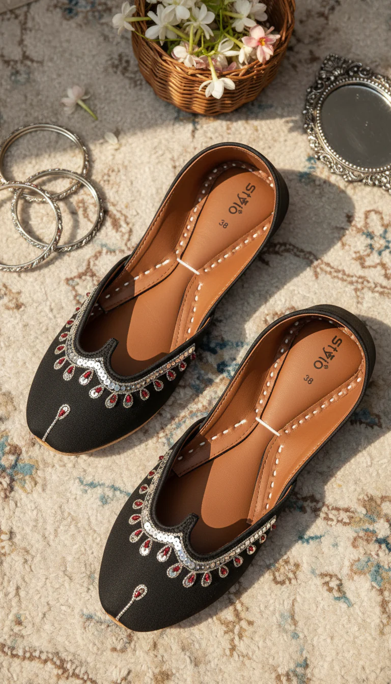 Black Leather Khussa For Women EC8759 - Image 2