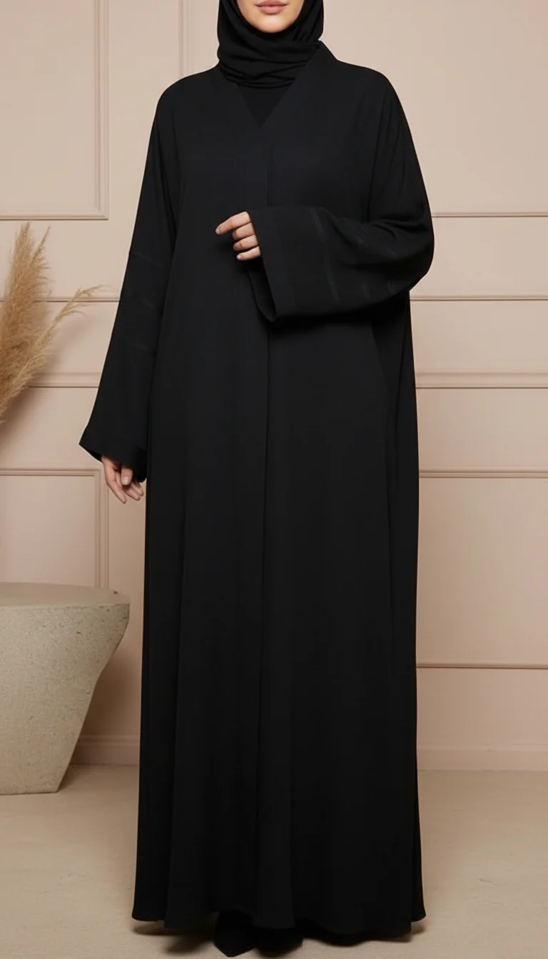 Black Solid Dyed Blended Fabric Abaya PW5275 - Image 2