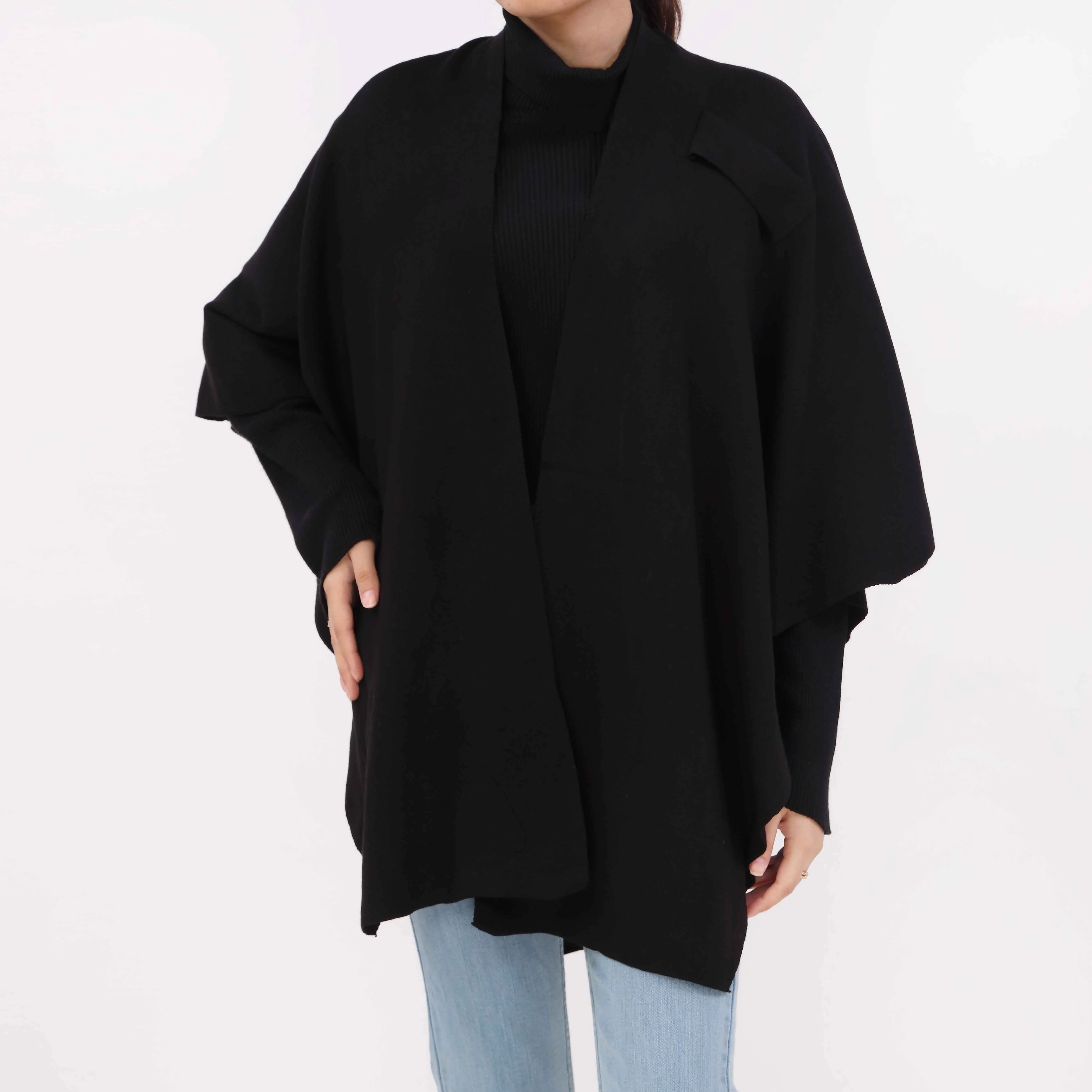 Black Sweater Knit Cape Shawl PW5624 - Image 4
