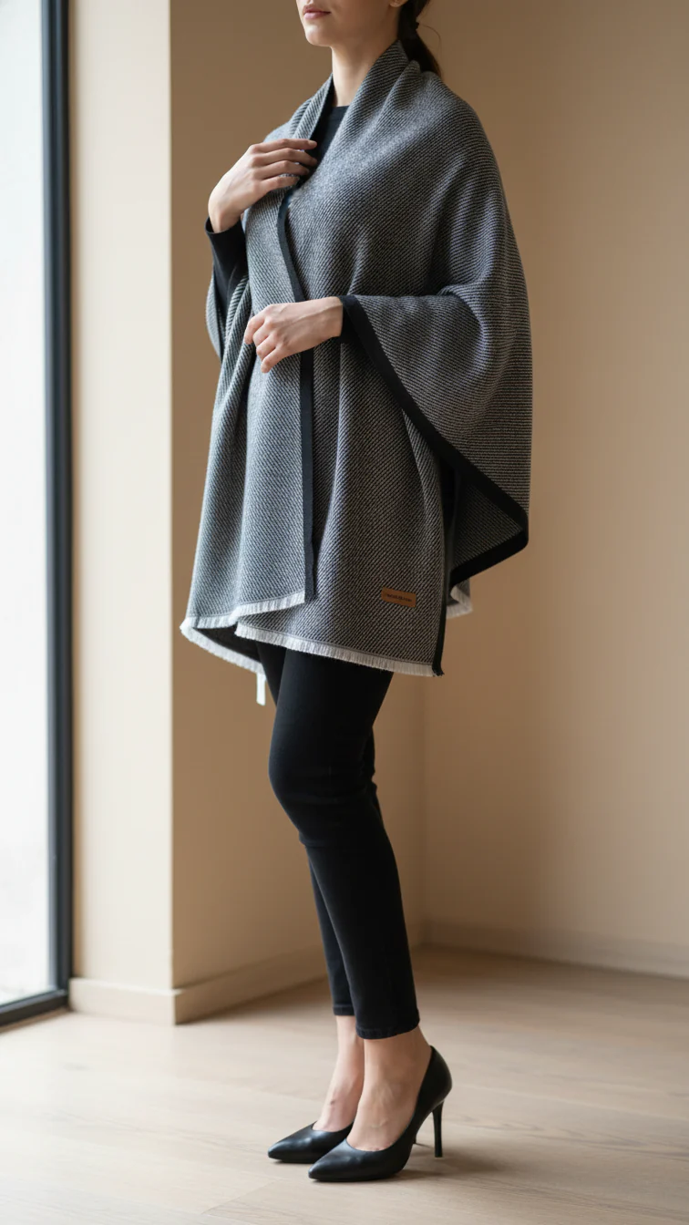 Black Winter Cape Shawl PW5909 - Image 2