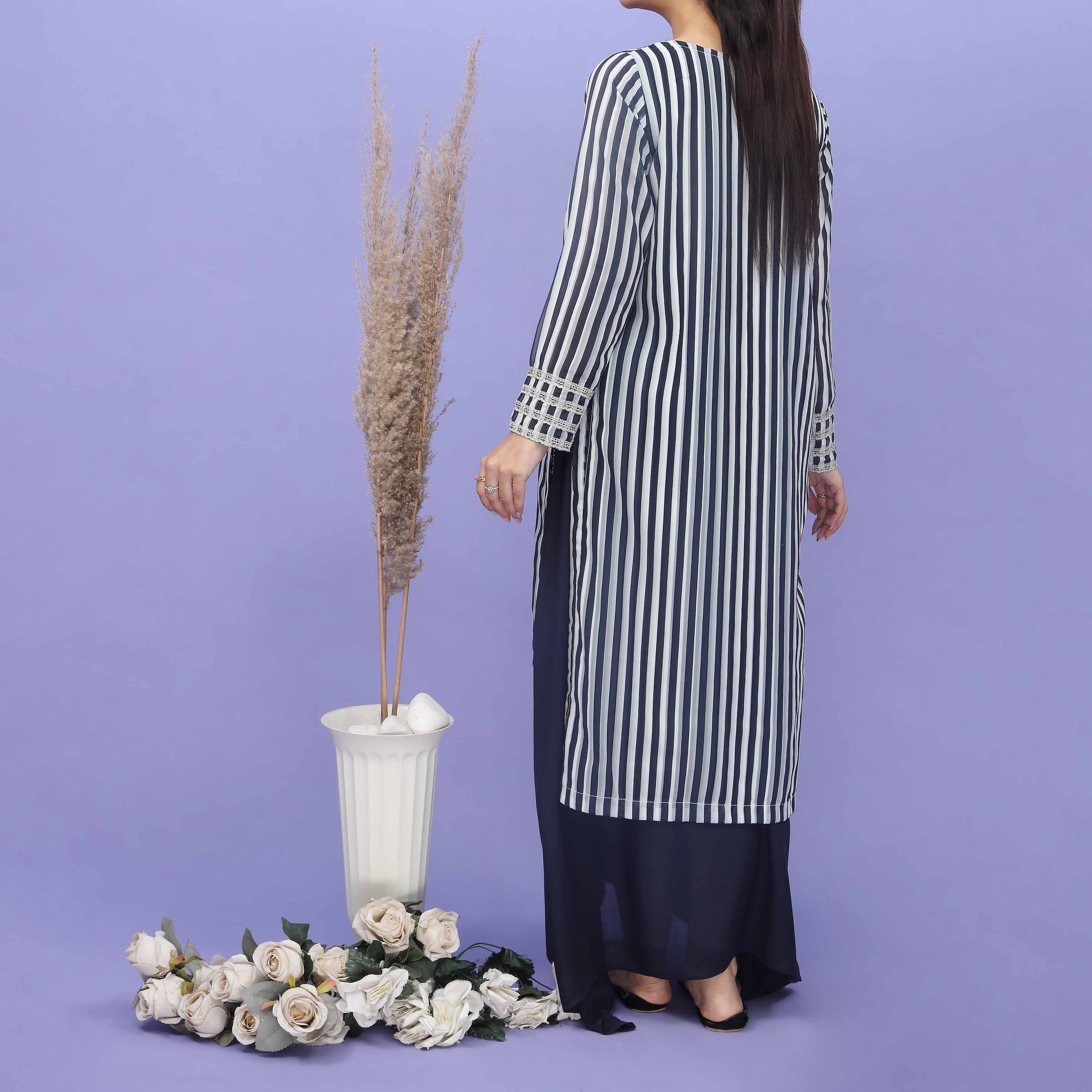 1PC- Crinkle Chiffon Stripes Shirt PS5019 - Image 2