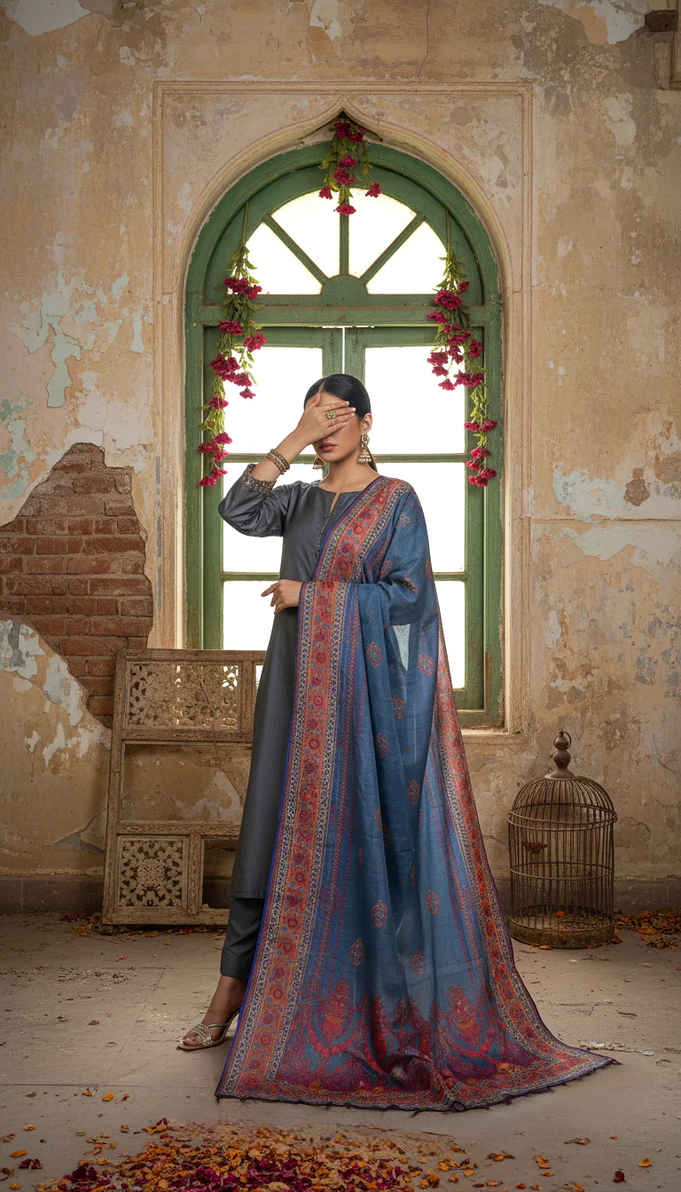 Blue Digital Printed Apple Silk Dupatta PD603912