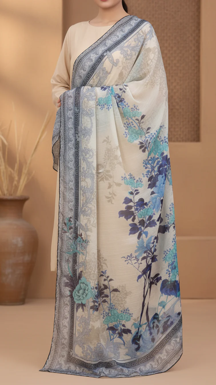 Blue Digital Printed Apple Silk Duppata PD5618