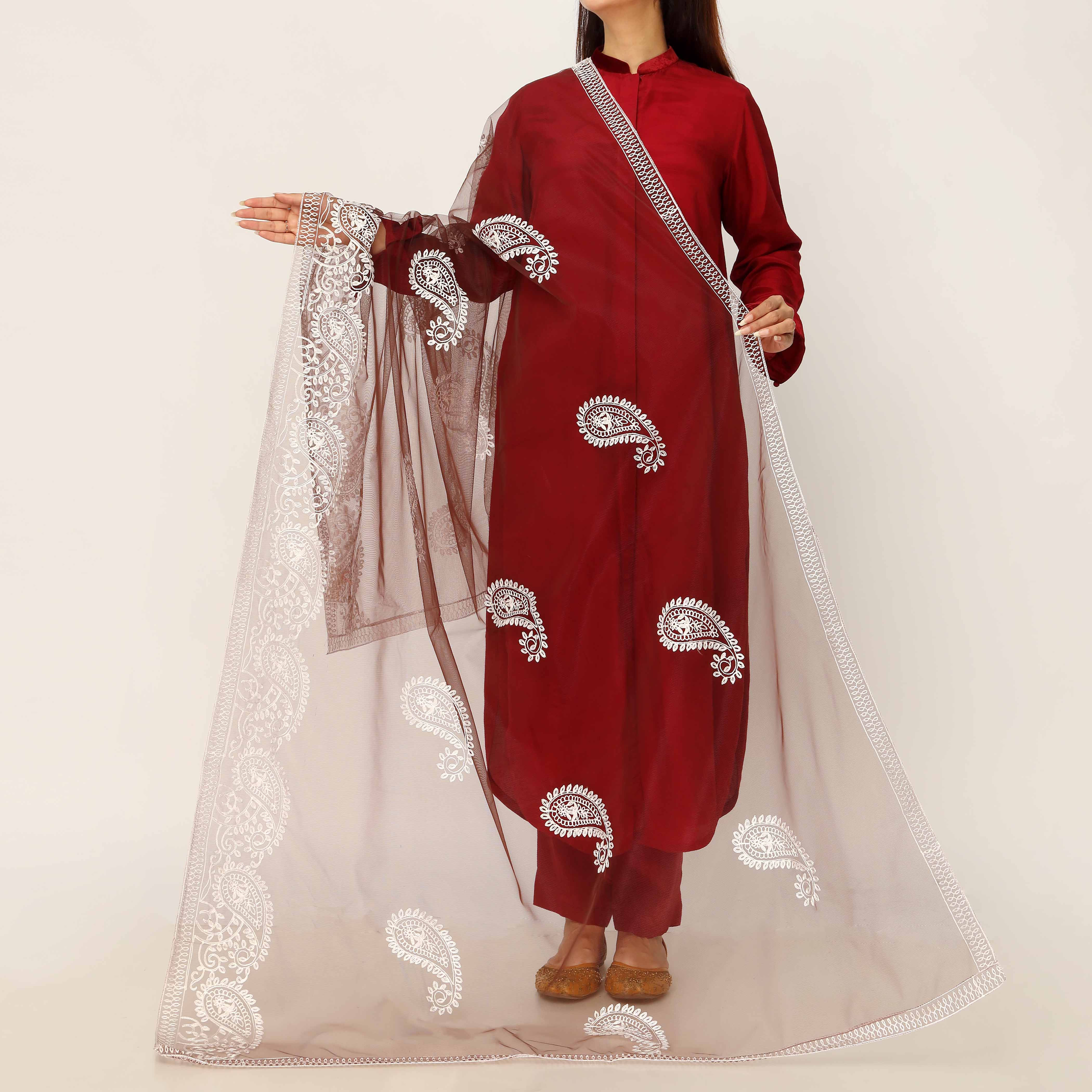 Brown Embroidered Cotton Dupatta PD5491 - Image 2