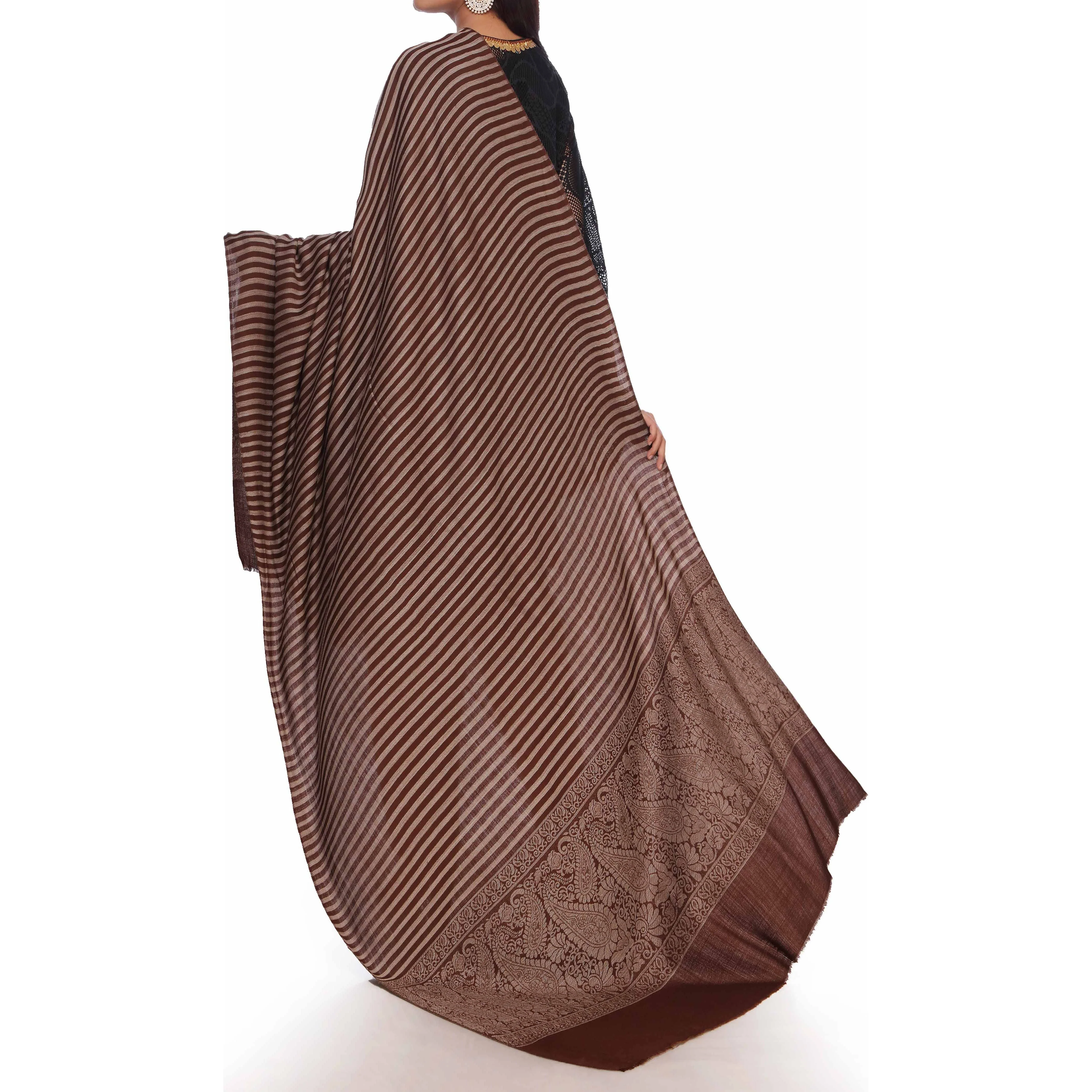 Brown Striped & Border Shawl PW2710 - Image 3