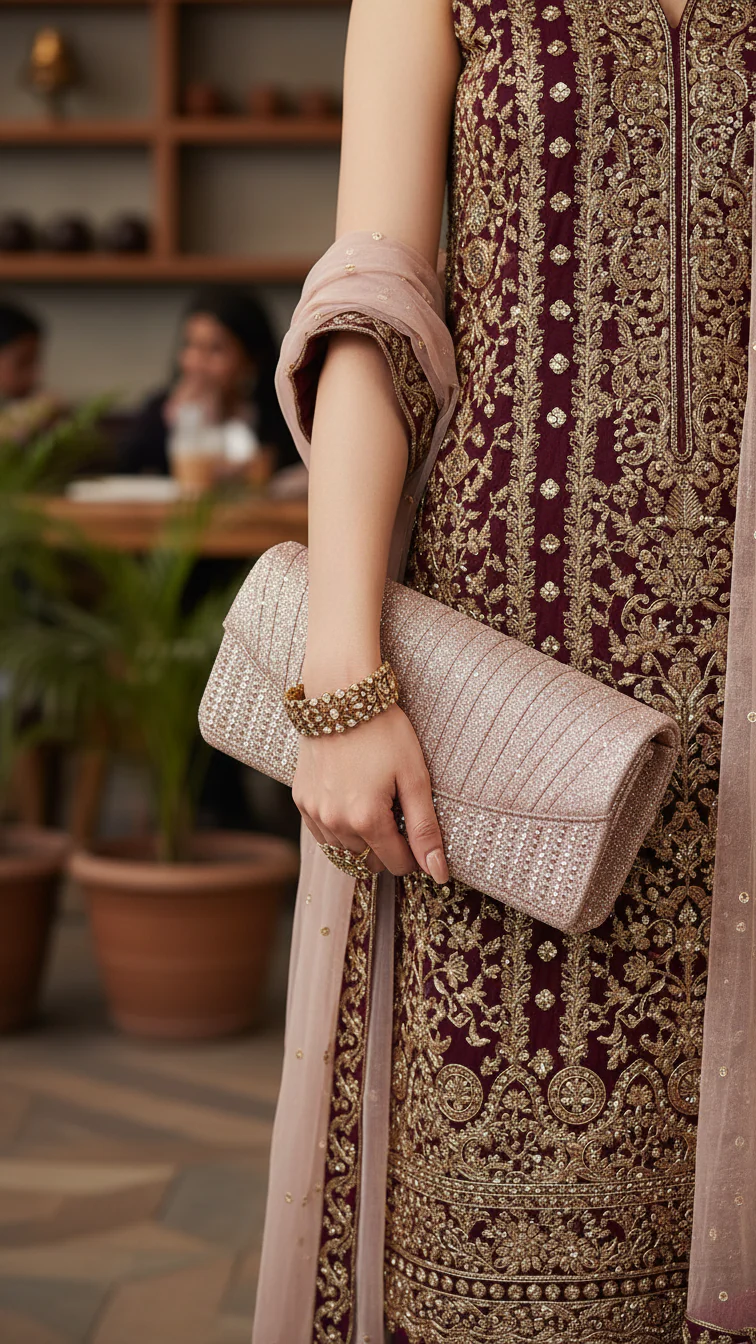 Champagne Fancy Clutch For Ladies P24409