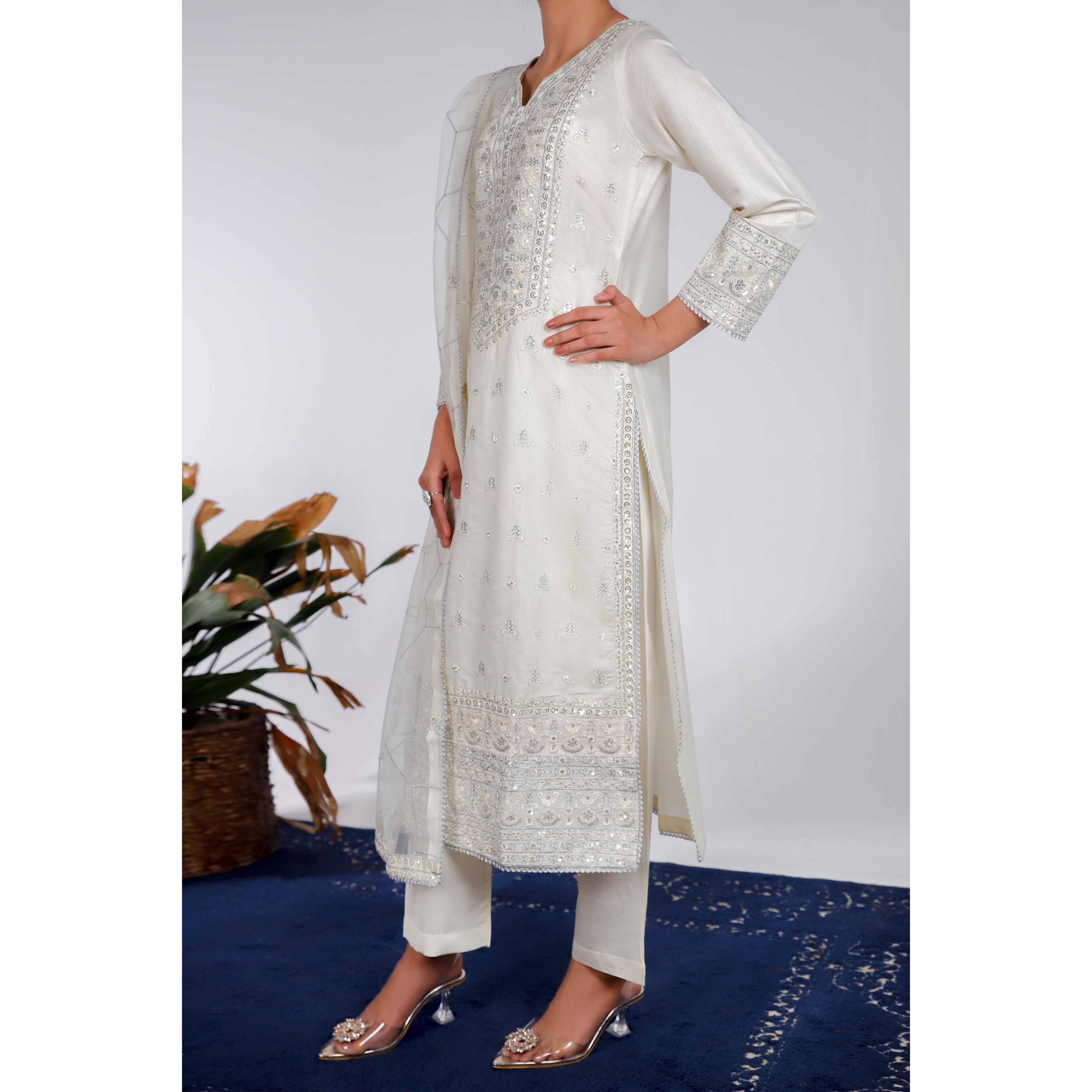 3PC- Embellished Khaddi Net Suit PF4003 - Image 2