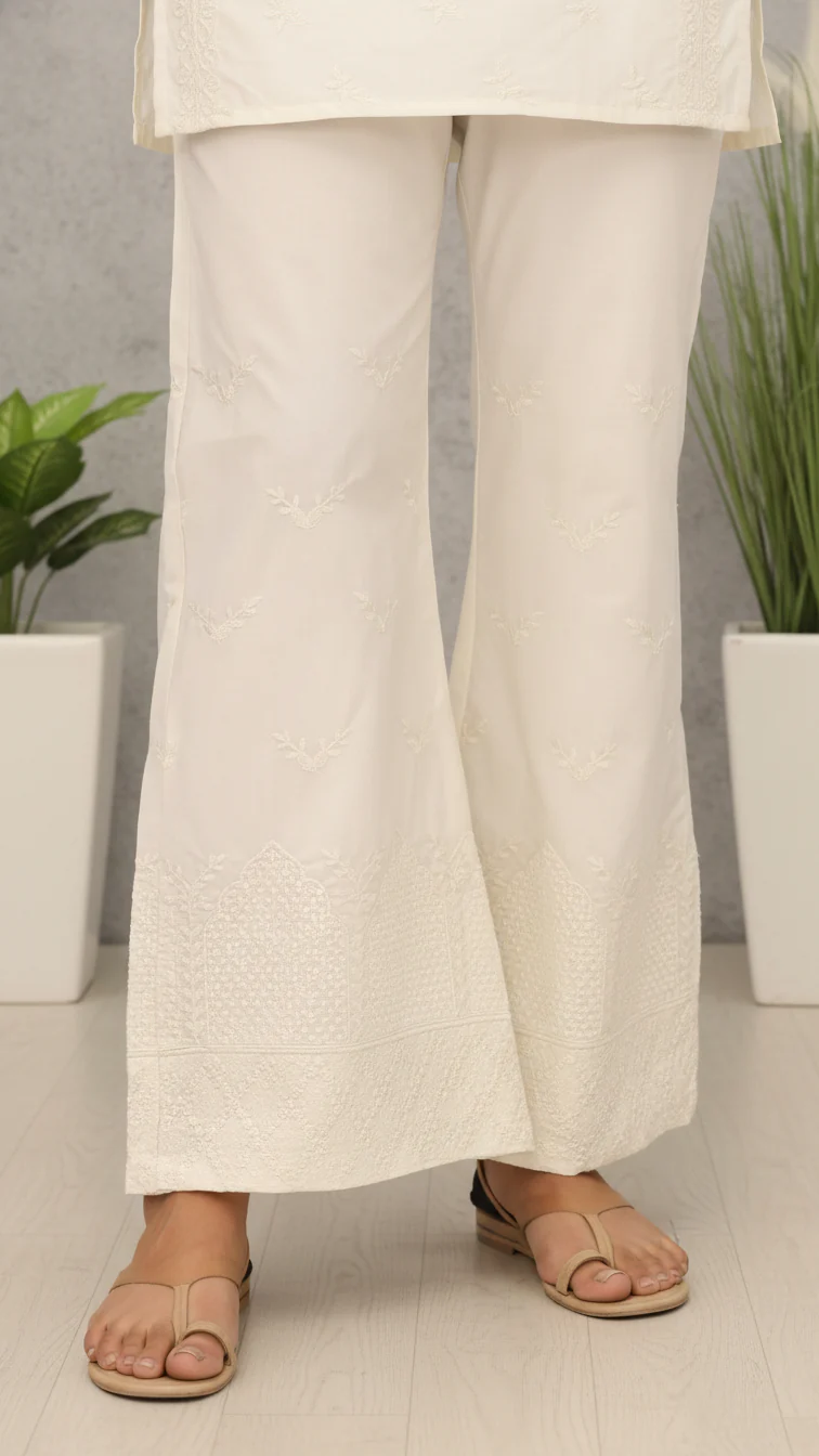 Cream Cotton Cambric Trouser with Embroidery PL5088
